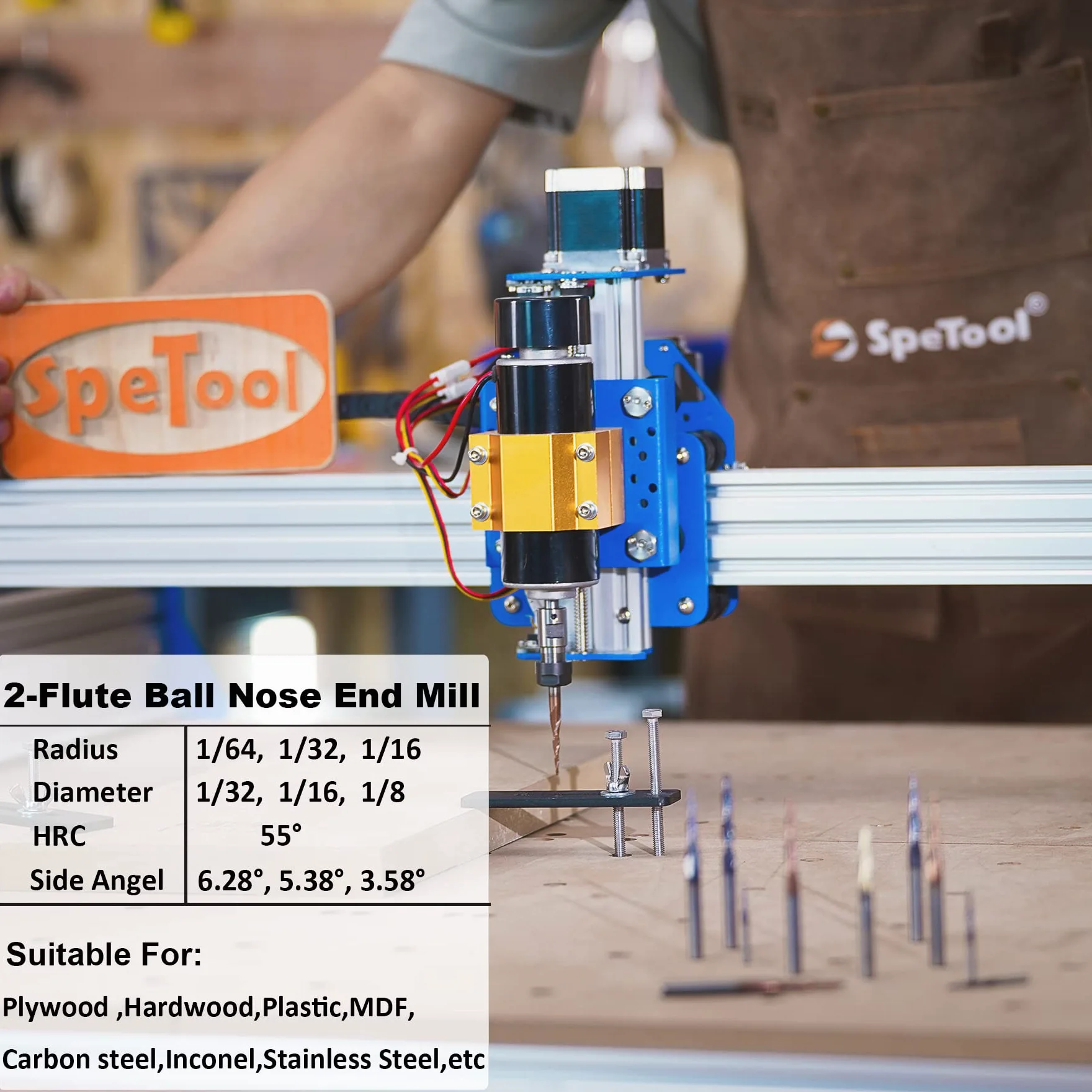 SpeTool 3 unids carburo bola nariz router bit CNC extremo molino 1/16 1/32 1/64 radio de corte para madera 3D tallado grabado MDF roble