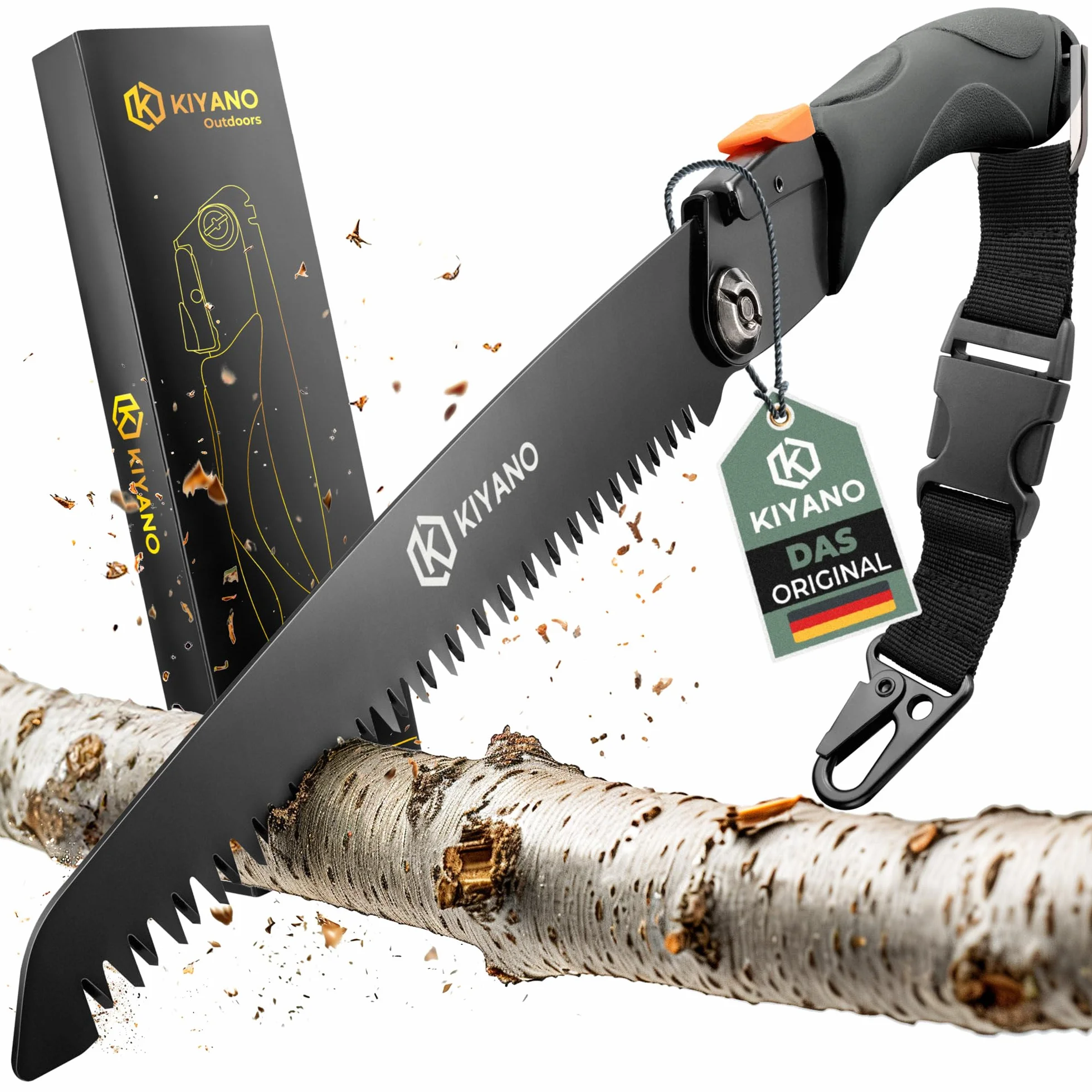 KIYANO® Sierra plegable premium para exteriores/podar con bloqueo de seguridad, incluye mosquetón táctico (210 mm), sierra de mano de madera de acero al carbono SK5, para Bushcraft, supervivencia,