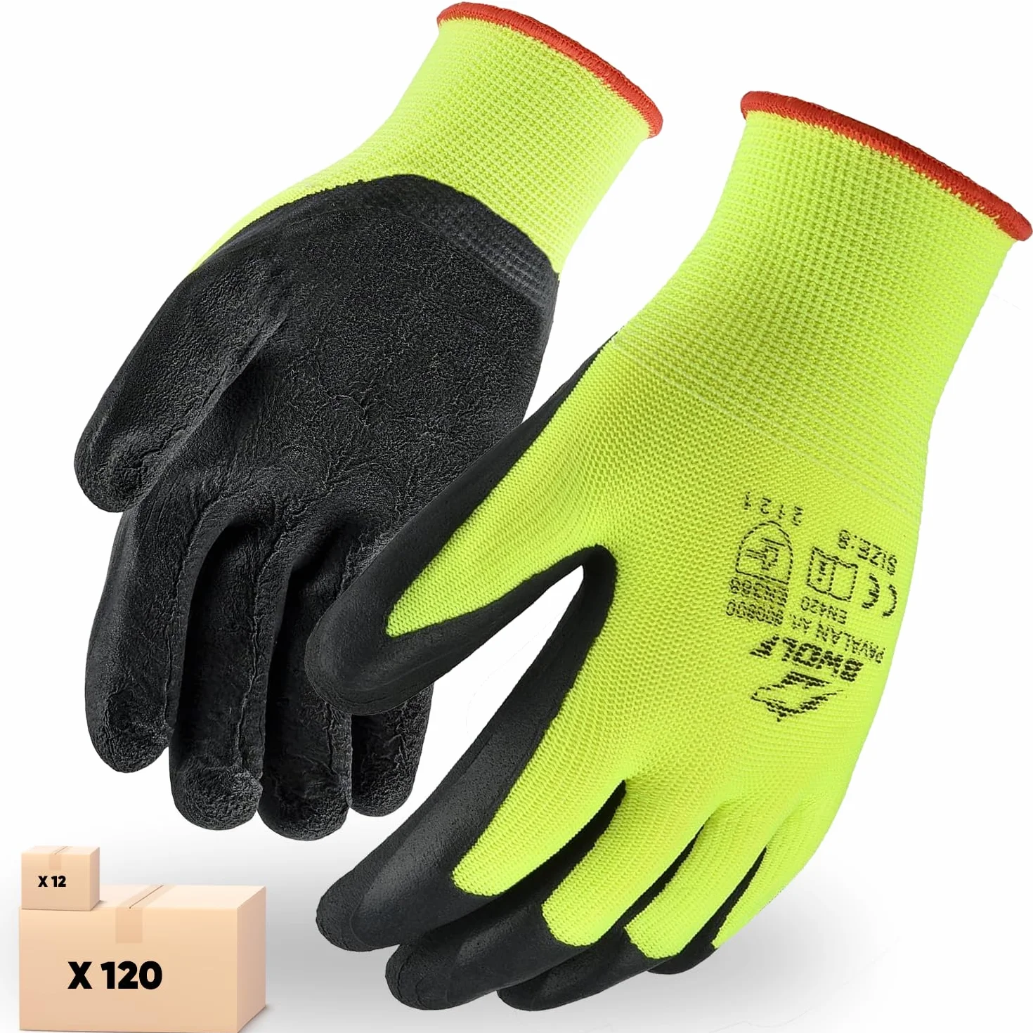 PAVALAN BWOLF Guantes de Trabajo 12/60 Pares Revestimiento Látex Resistente Antideslizantes Flexibles Industrial Mecánico