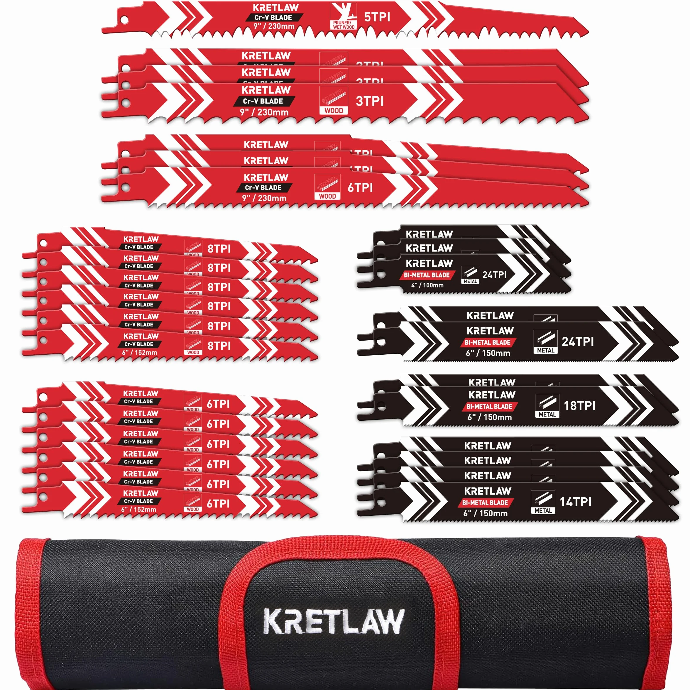 KRETLAW Juego de 36 hojas para sierra sable, hojas de repuesto Cr-V/Bi-metal para poda de árboles, madera, metal y plástico, con estuche
