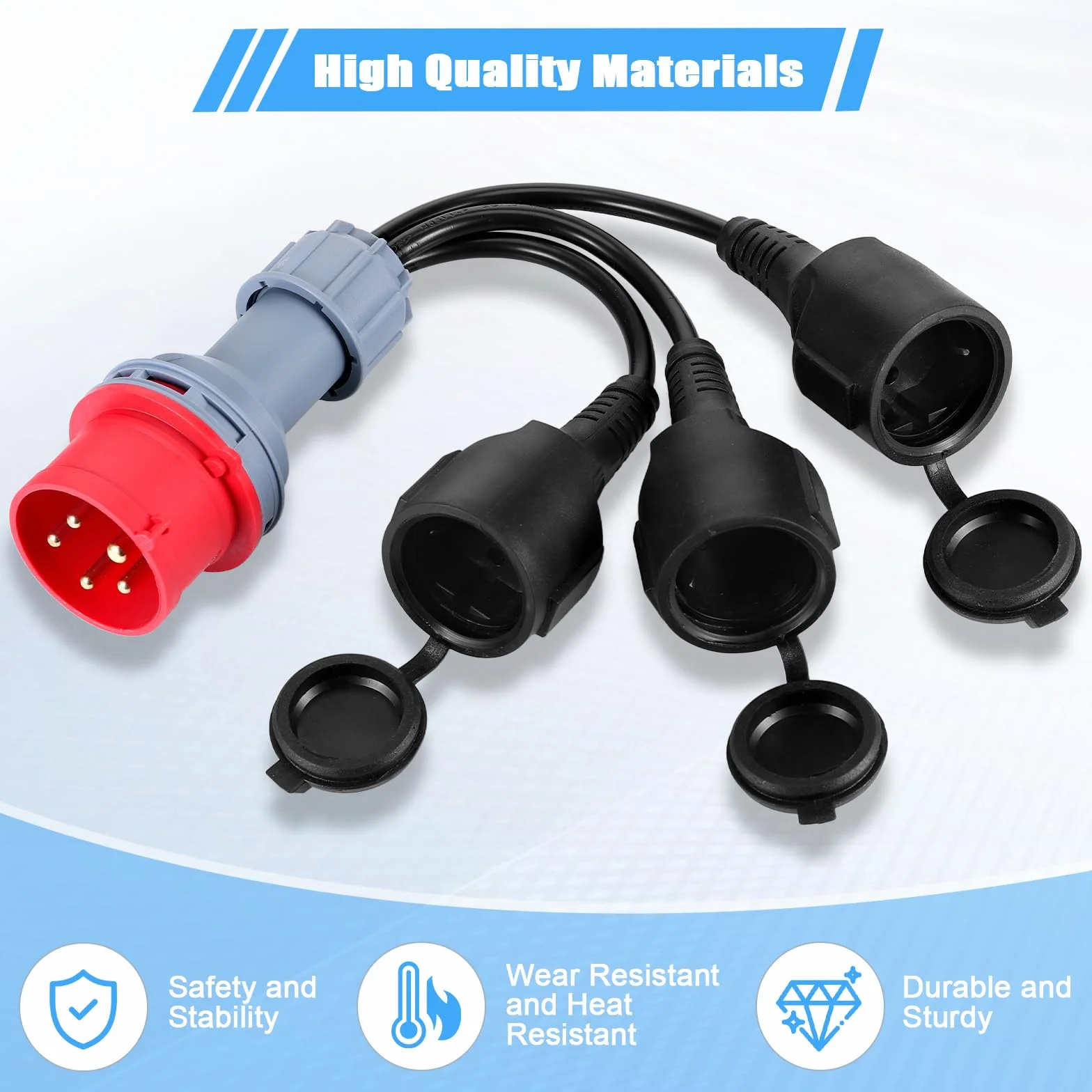 Adaptador CEE, Enchufe de 400V 16A a 3 X 230V Conector Schuko, Adaptador CEE con Tapa Abatible y Enchufe con Contacto de Seguridad, Cable Enchufe IP44 para Camping Caravanas, Industria y Exteriores