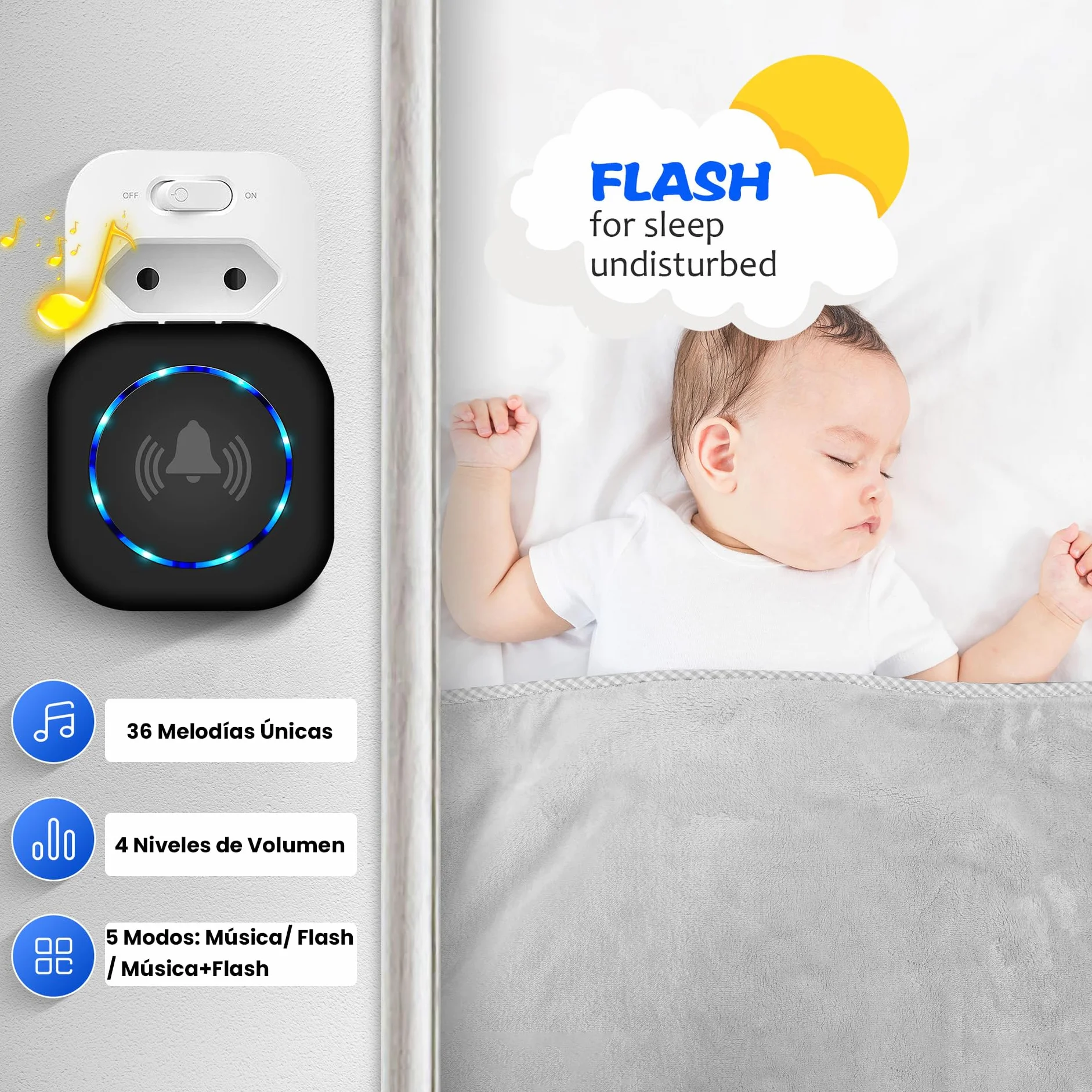 Timbre Inalámbrico Impermeable IP55 300 Metros 38 Melodías 4 Niveles de Volumen 0-110dB Enchufable para Puerta