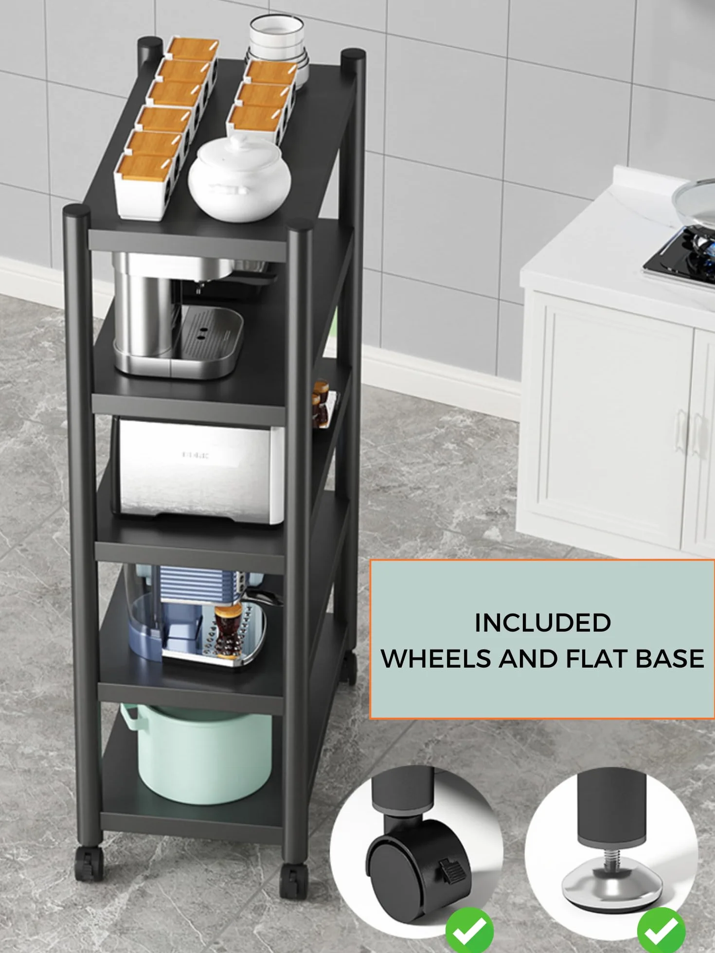 MAGIC SELECT Estantería para Almacenaje,Estante con Ruedas, Estantería de Pie,Repisa Metálica Multiusos, Mueble para Cocina, Baño, Habitación, Garaje, Salón con 4 Baldas de Almacenamiento.