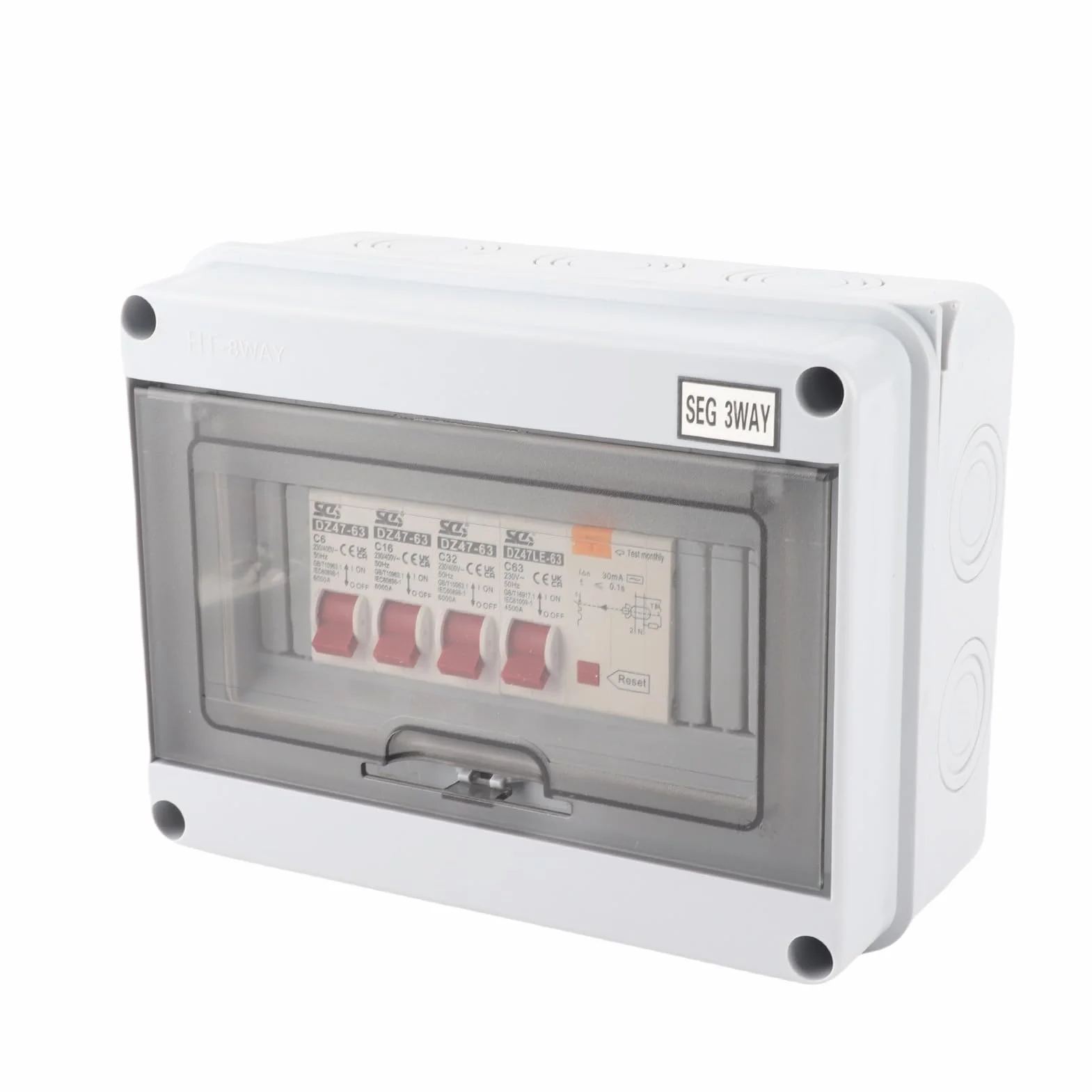 Unidad de Consumidor de Caravana de Garaje de 3 Vías, 63A 30mA RCD + 3MCB (6A+16A+32A) Caja de Fusibles de Alta Capacidad de Rotura para Garajes, Caravanas, Talleres, Dependencias
