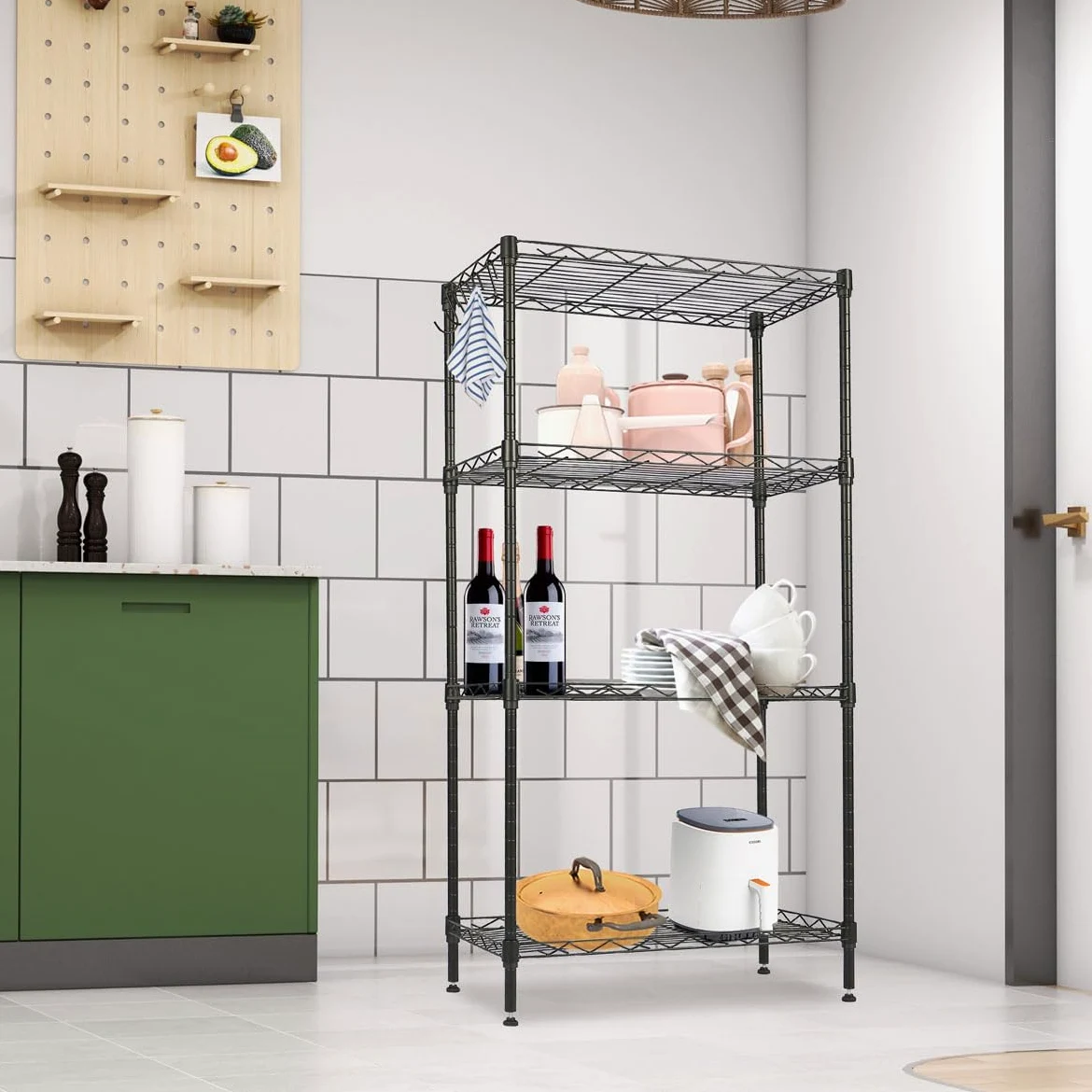 Estantería metal para baño - cocina - garaje ducha 4 Niveles o Estantes de almacenaje - Ajustables en altura 108x29x54cm Metálica Con Ganchos - Fácil montaje - Carga total 275kg - Robusta y fuerte