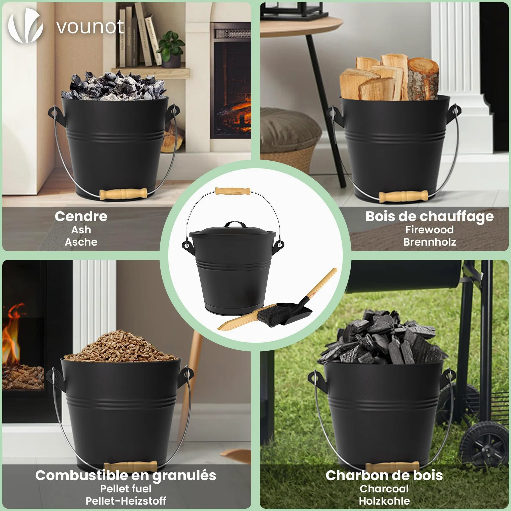 VOUNOT® Cubo Cenizas con Tapa y Set Barrido 5L Contenedor Ceniza con Asa, Pala y Escoba de Mano, Accesorios para Chimenea Estufa, Recipiente con Asas para Carbón y Restos de Leña, Metálico, Negro
