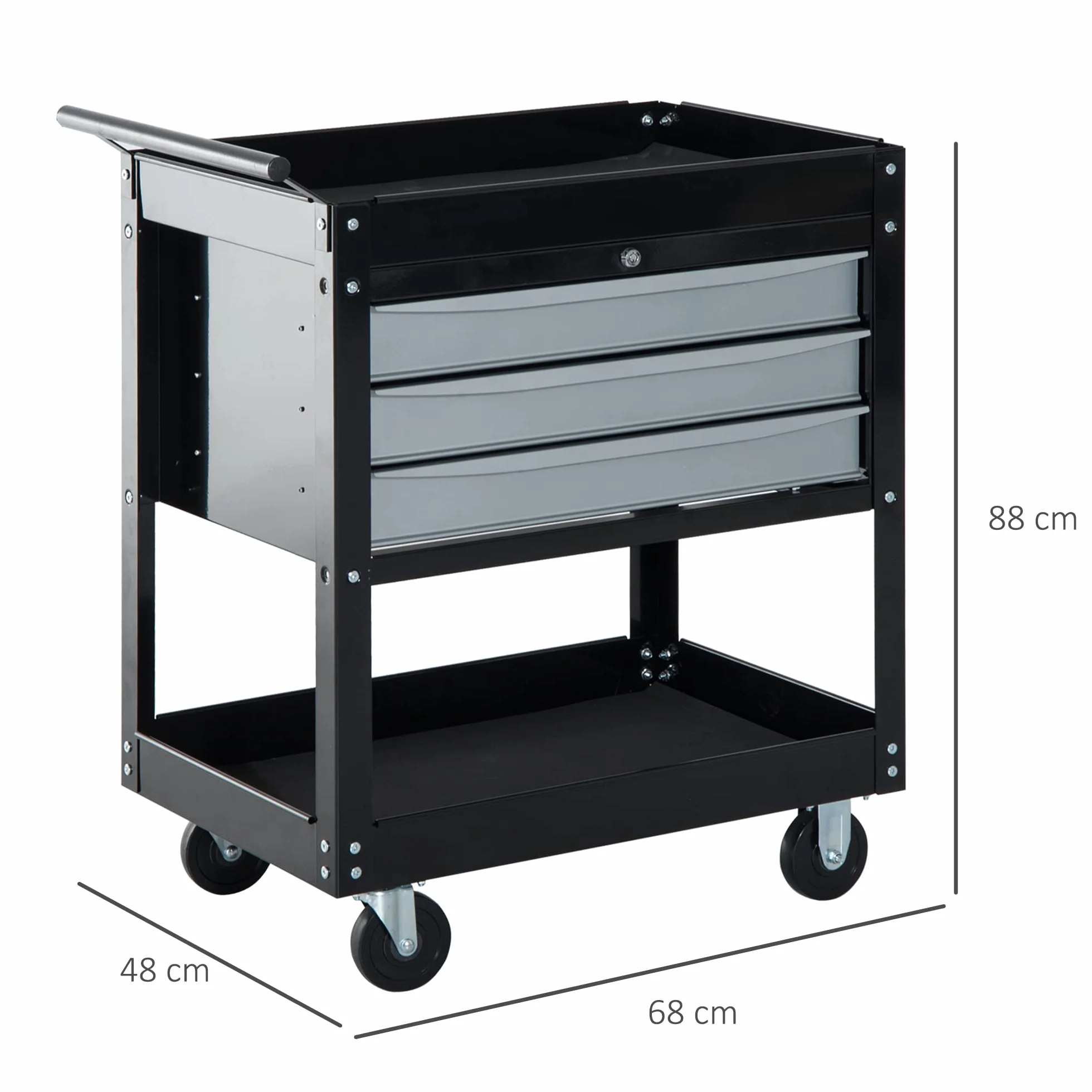 HOMCOM Carro de Herramientas Móvil 3 Cajones 2 Estanterías 68x46x88cm Chapa de Acero Negro