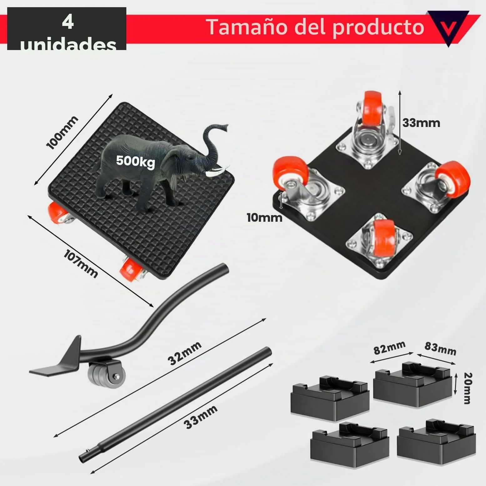 Juego de Elevador de Muebles, Ruedas para Mover Muebles con Barra de Extensión de 630 mm, 4 Ruedas 360 Grados para Muebles, Carga Máxima 500 kg, para Mover Refrigeradores, Sofás, Lavadoras, etc.
