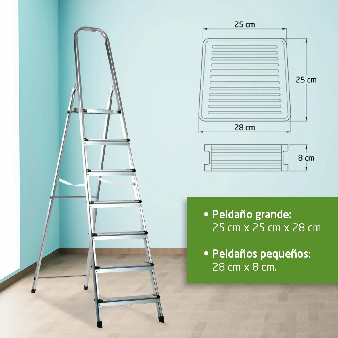 Amig - Escalera Plegable con 7 peldaños - Fabricado en Aluminio - Medida de Peldaños Pequeños 28 cm x 8 cm - Medida de Peldaño Grande 25 cm x 25 cm x 28 cm - Uso Doméstico - Carga Máxima: 150 kg