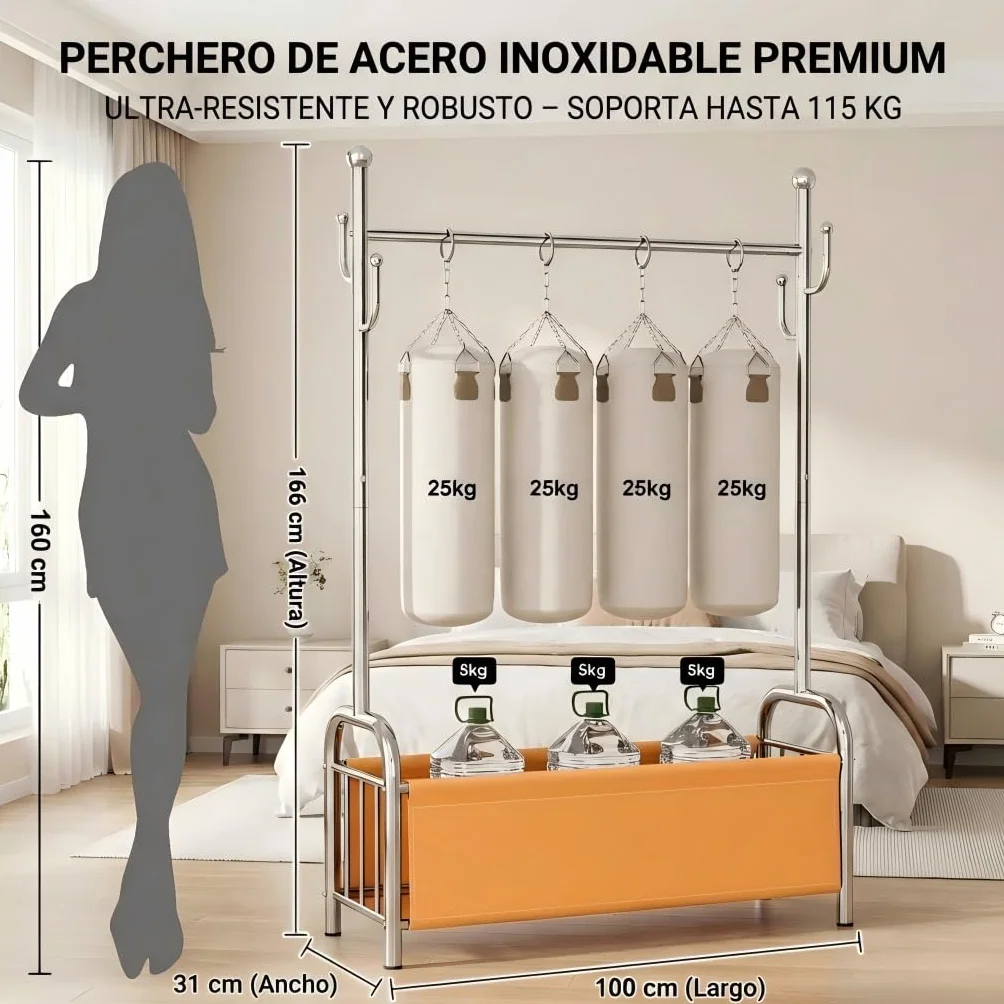 Burro Ropa Acero Inoxidable con Cesta Almacenaje, Perchero Estable Pie, 3 en 1 Tendedero Organizador
