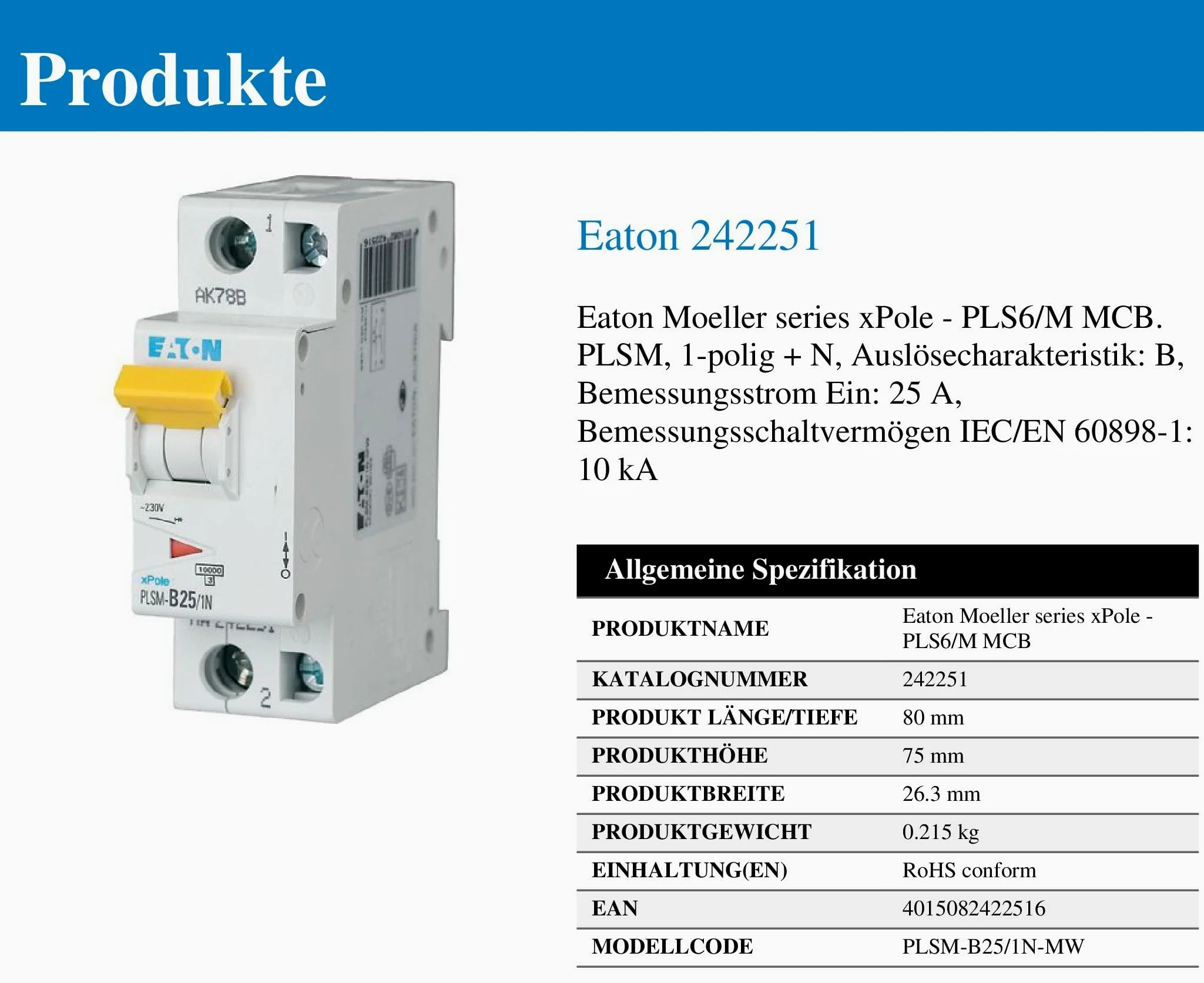 Eaten eatlsmb251 N disyuntor 25 A/1 N/B