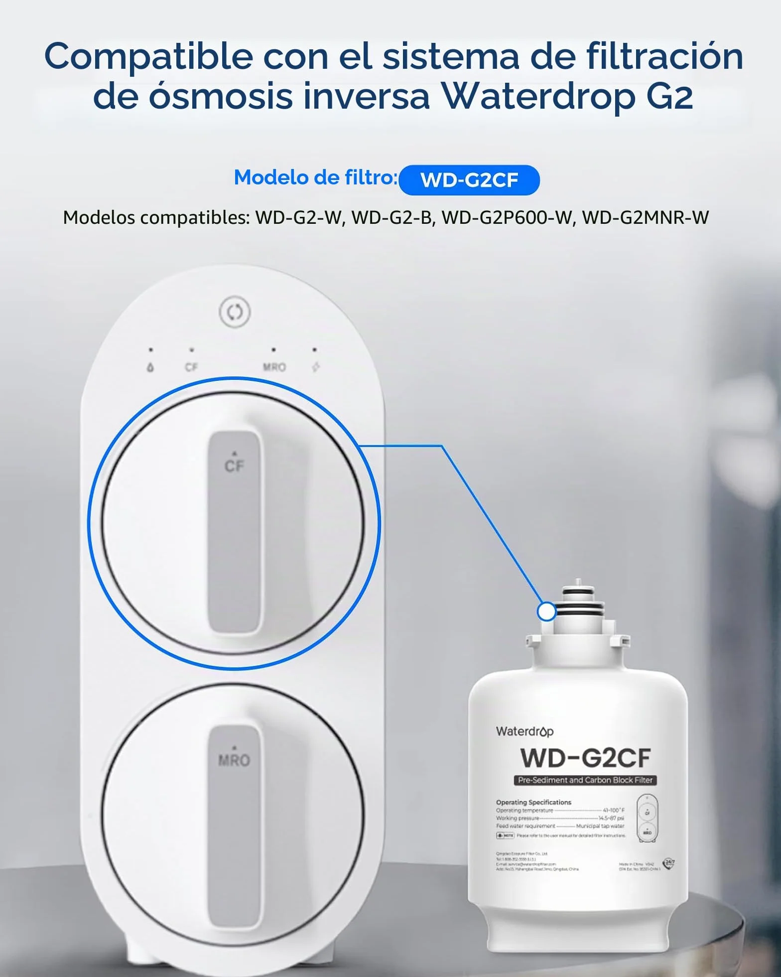 Waterdrop Filtro WD-G2CF, 12 Meses de Vida útil, reemplazo para el Sistema de ósmosis inversa WD-G2-B, WD-G2-W