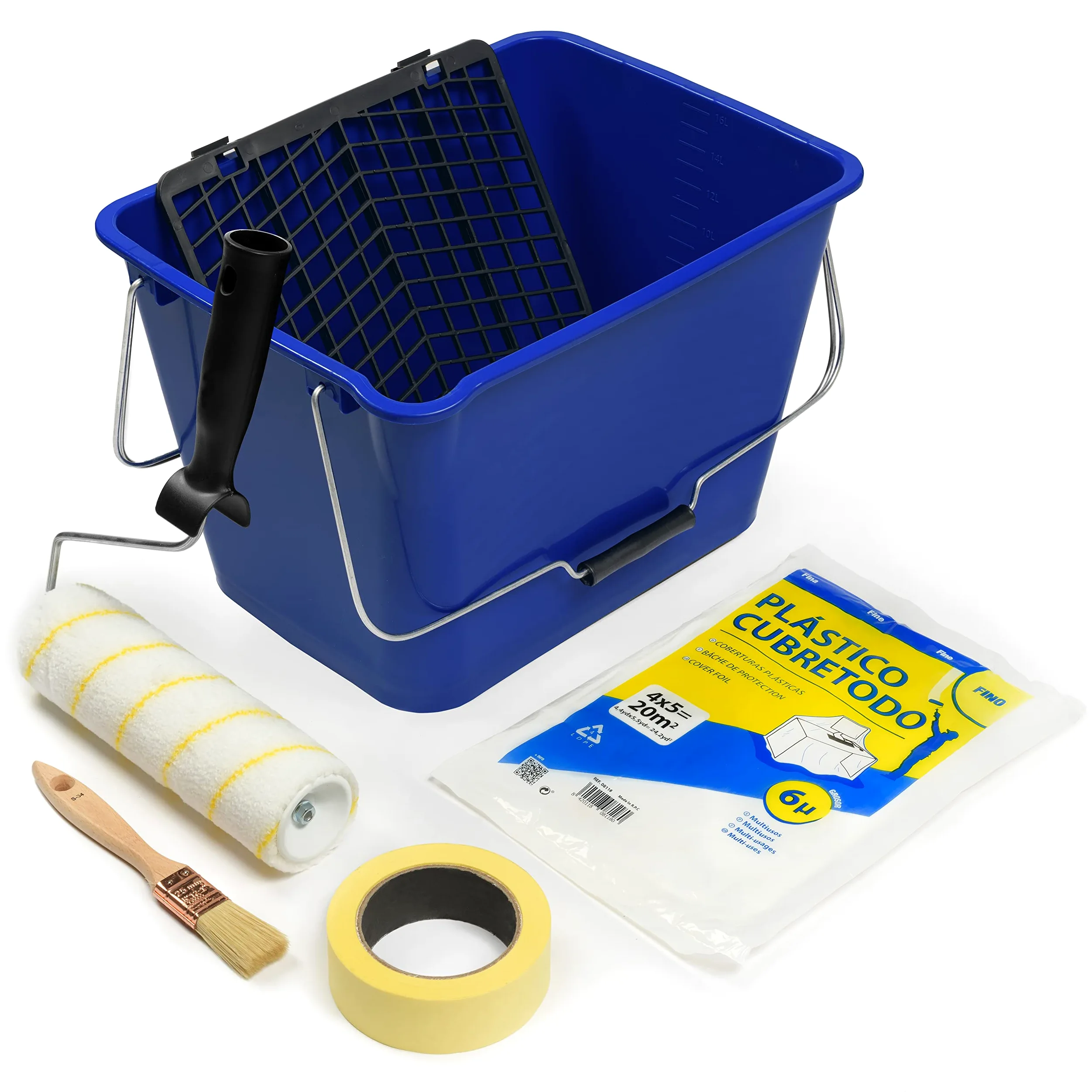 Kit Especial APLICACION Pintura Interior - Rodillo de Pintura Antigoteo Calidad Profesional con Cubeta, Cinta, Cubretodo y Pincel - 5 Piezas