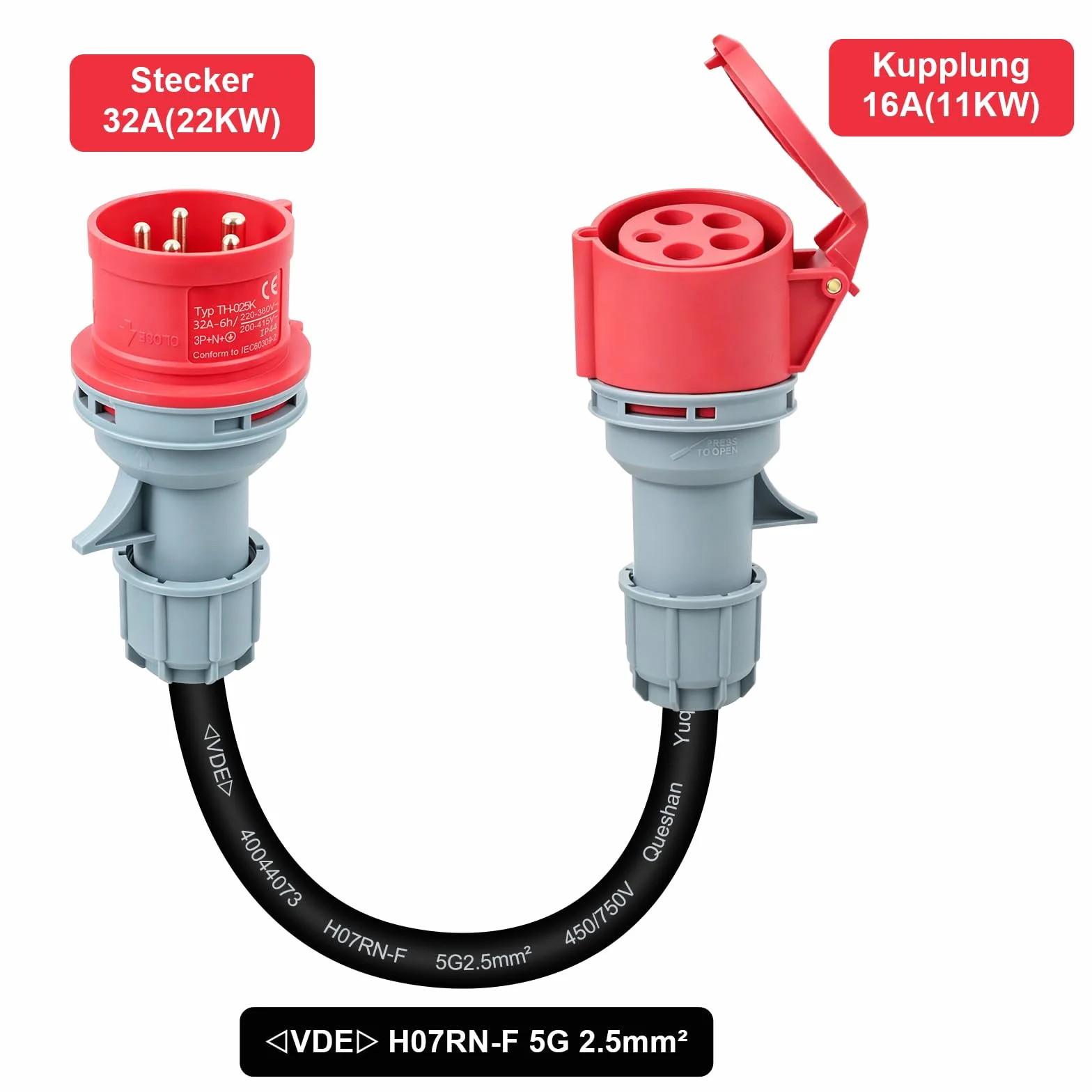 Adapter 32A a 16A, CEE Adapter 32A Stecker auf 16A Kupplung, Starkstrom Adapter 3 Fases con VED 0,5m, Núcleo de cobre 5x2,5mm², 415V máx, IP44 para industria, hogar y carga de vehículos eléctricos