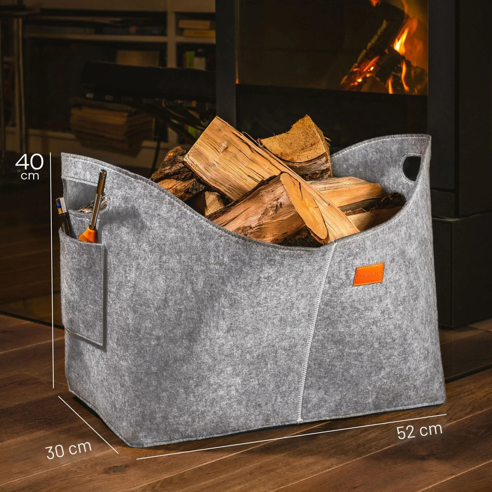 Praknu Cesto para Leña Interior - Grande - De Fieltro Reciclado - Con Asas de Transporte - Bolsa de Fieltro para Almacenar Leña de Chimenea y Más - Gris