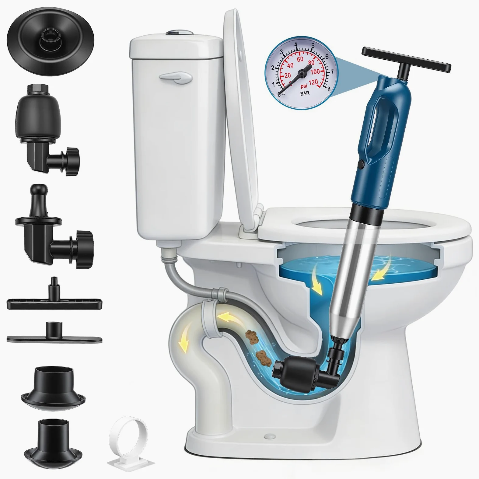 Desatascador Tuberias, Desatascador Pesado con Barómetro Visual, 4 Cabezales Reemplazables para Desatascar Inodoros, Lavabos, Bañeras, Desagües, Suelos, Soporte de Pared Incluido