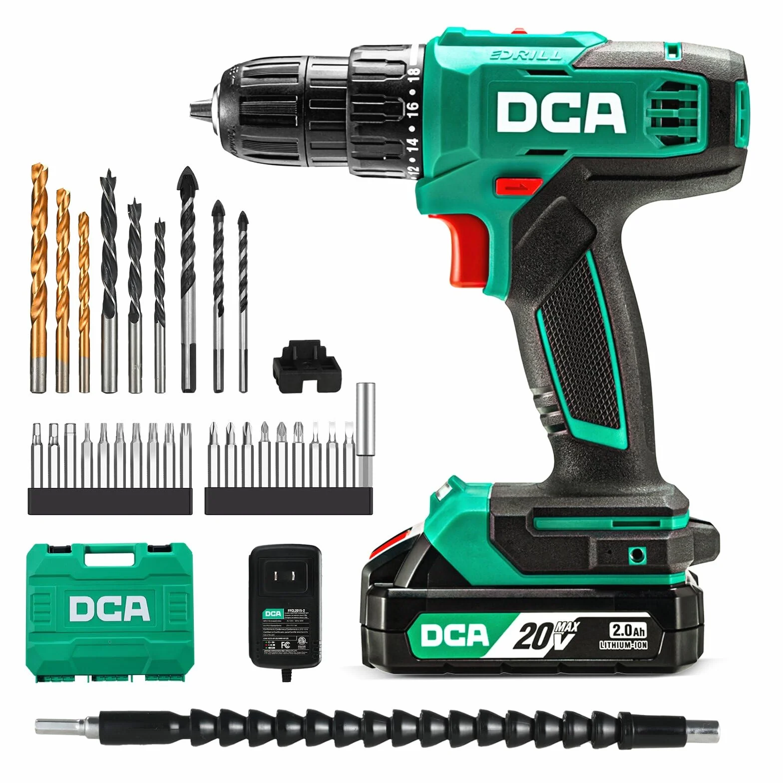 DCA Taladro Atornillador Inalámbrico, par de 40 Nm, Portabrocas Automático de 10 mm, Taladro Eléctrico con Batería de 2,0Ah y Cargador, 18+1 Posiciones, Kit de Taladro 20V de 25 Piezas, ADJZ2035