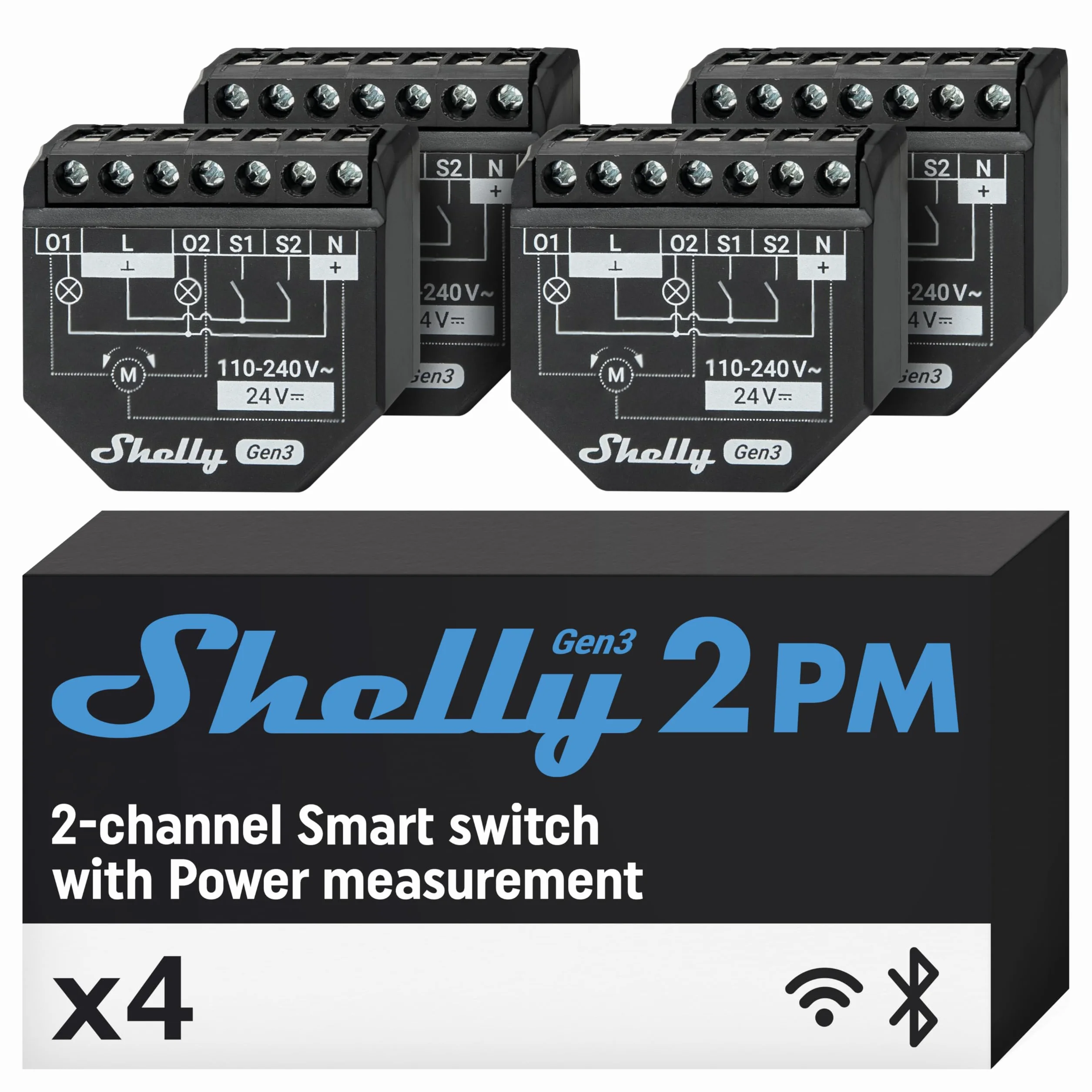 Shelly 2PM Gen3 - Relé Interruptor de persianas inalàmbrico, 2 Canales - 16 A, Wi-Fi & Bluetooth, con Medidor de consumo, Control de app iOS Android y Temporizador, Alexa, Google Home - 4 Piezas