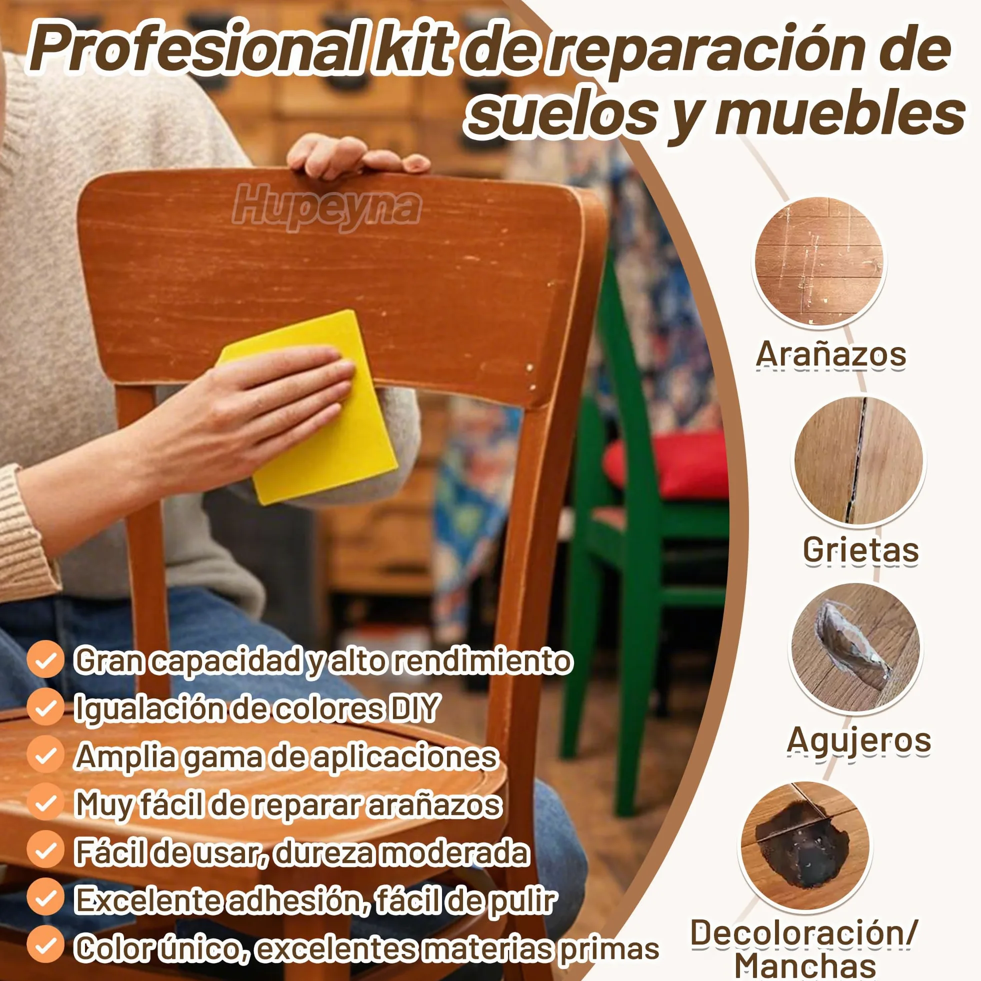Kit de Reparación de Madera, Kit Reparación Laminado - Serie Madera Natural | Masillas de Madera y Cera de Abejas, Reparación de Manchas, Grietas, Agujeros, Decoloración Reparador Arañazos Parquet