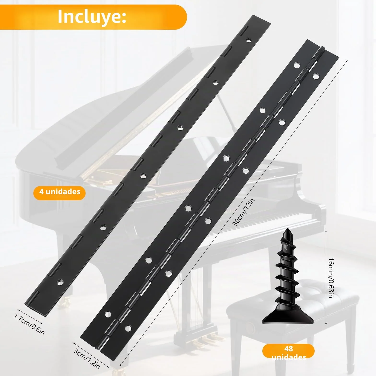 Bisagra Piano 30 cm de Acero Inoxidable para Puertas con Tornillos (Negro)