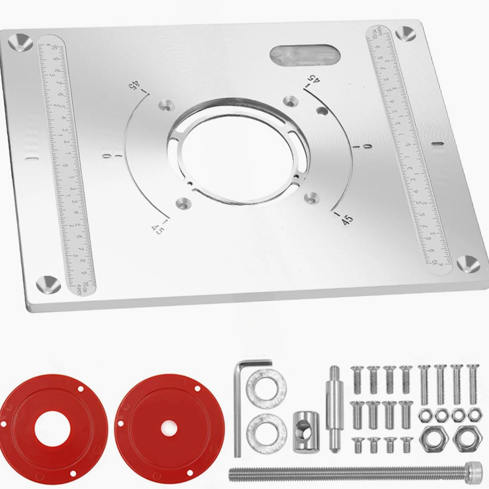Fresadora de mesa con placa de inserción, router de aluminio, placa de inserción, con función de elevación, router, con 2 anillos y tornillos para rebajadora, trabajo de madera, 300 x 235 x 9,5 mm