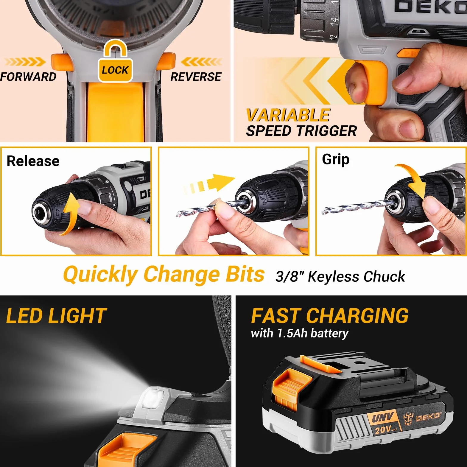 DEKO Caja Herramientas Completa con Destornillador Electrico/Taladro con bateria de 20V, Maletin de 186 Piezas, Caja profesional de herramientas Domésticas de Bricolaje para Oficinas y Jardín