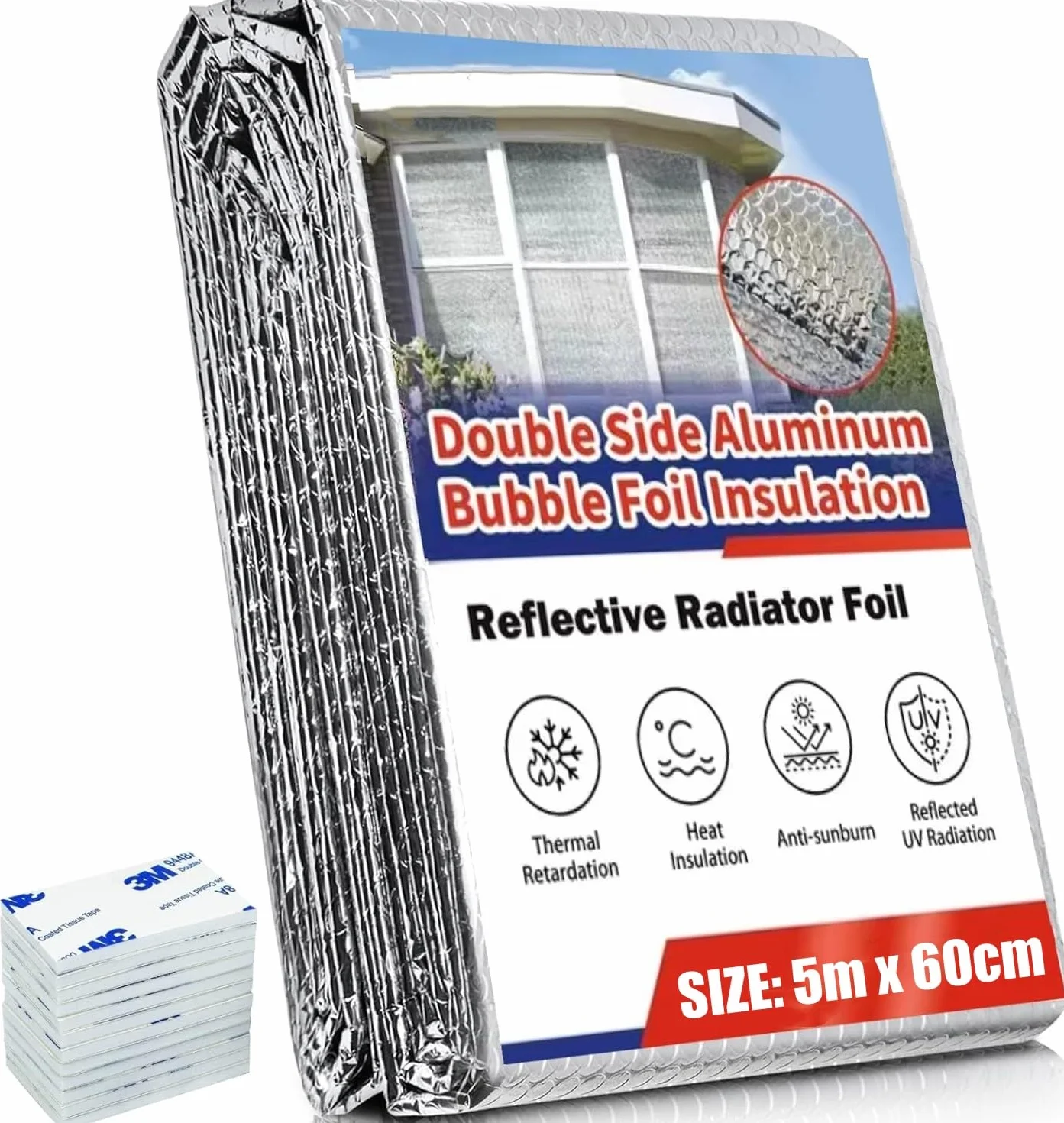 KAHEIGN Lámina de Aislamiento del Radiador, 5m x 60cm Reflector de Lámina de Aislamiento de Burbujas 4mm Espesor Reflector de Radiador Envolvente Reflectante de Calor con 12 Almohadillas Adhesivas