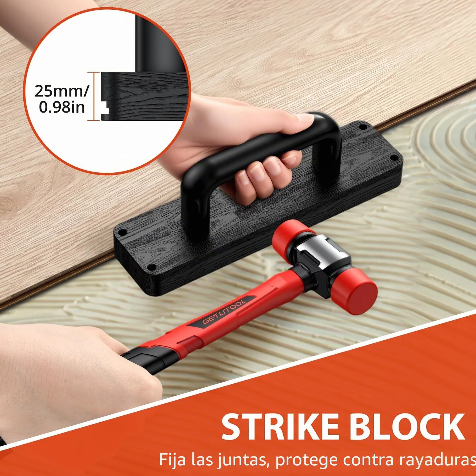 GETLITOOL Kit de instalación de suelos de madera laminada, herramientas de suelo con mazo de doble cara, herramienta de suelo laminado con barra de tracción, bloque de golpe sólido (B)