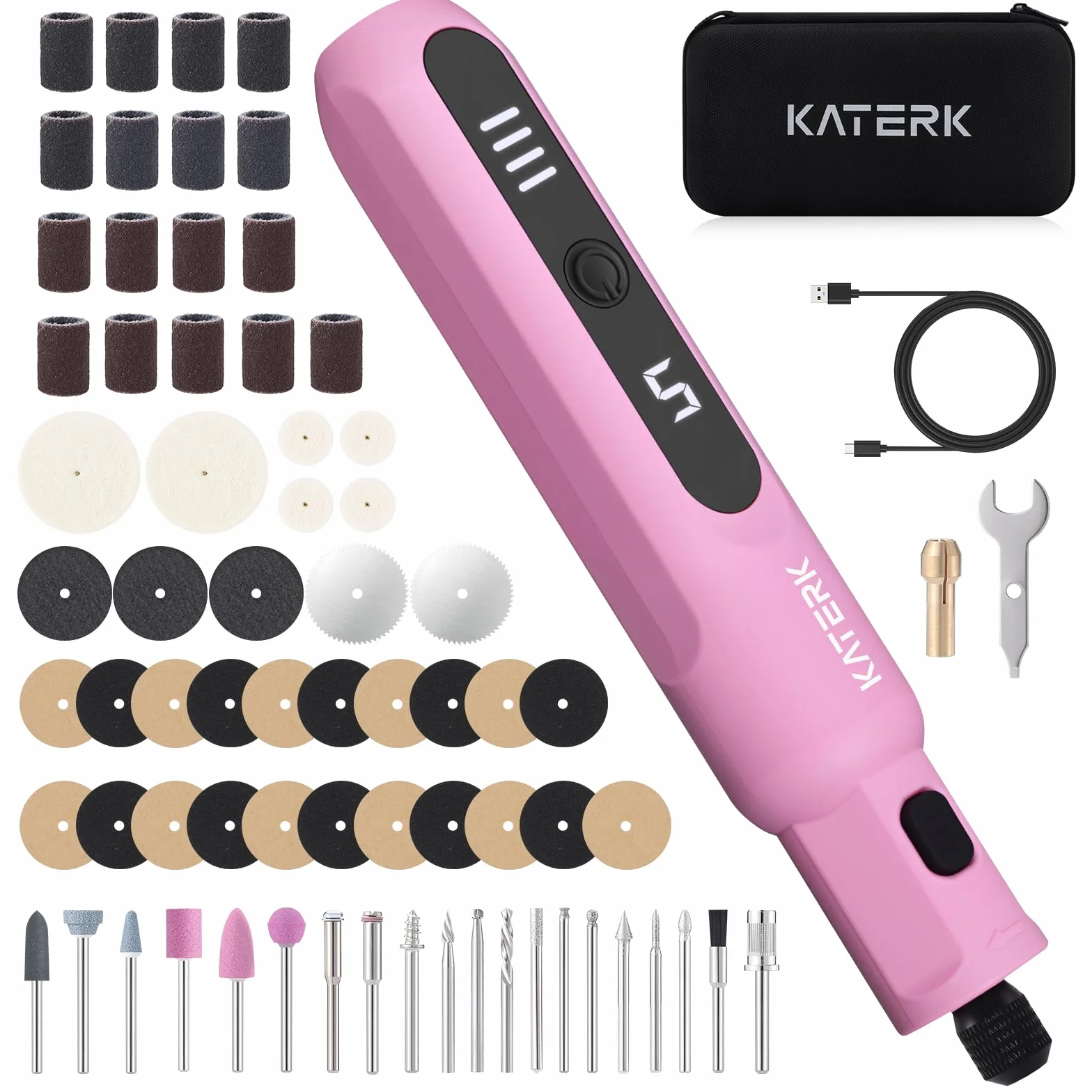 Katerk Kit de Herramientas de Amoladora, 5 Velocidades Herramienta Rotativa, 5000-20000RPM, Batería 2500mAh, 3.7V Mini Amoladora Eléctrica con 70 Accesorios para Grabar,Taladrar,Cortar, Esmerilar-Rosa