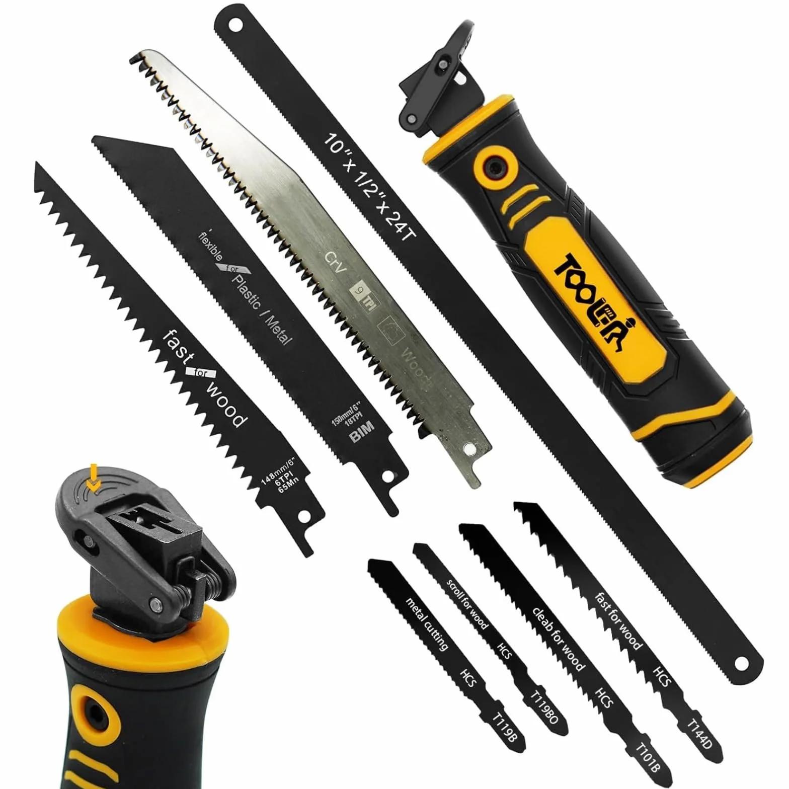 Magicbox Sierra para Metal 8 en 1 con Hojas Intercambiables - Mini Sierra de Mano para Sierra Metal y Serrucho Madera, también Sierra Pladur - Bloqueo Automático, Empuñadura Ergonómica