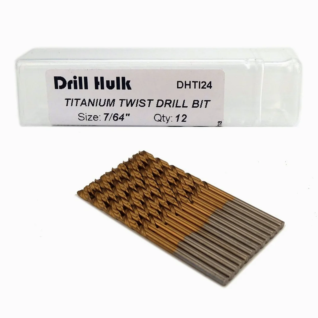 Paquete de 12 brocas con revestimiento de nitruro de titanio de 7/64 pulgadas, acero de alta velocidad, longitud de trabajo, para metal, plástico, madera