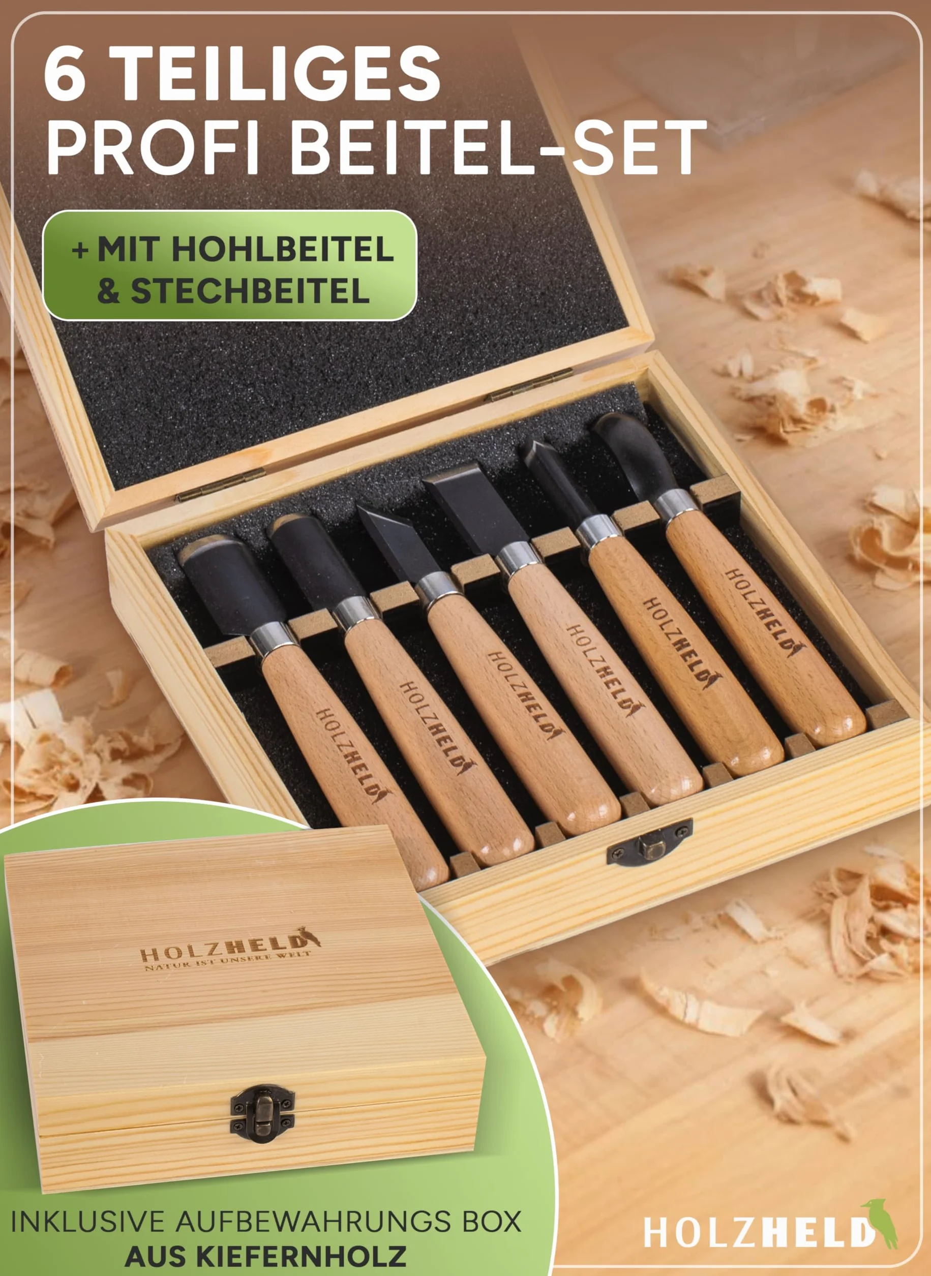Juego de 6 gubias huecas en caja de madera, Herramientas Carpinteria