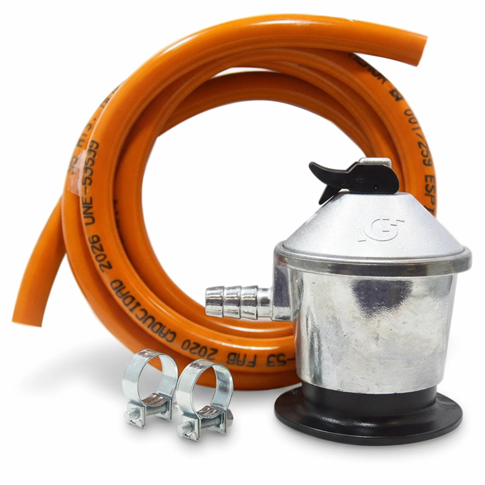 Kit Completo para Instalaciones de Gas Butano y Propano - Regulador de Gas 2,5 kg/h - Manguera Butano 1,5 mt 9-15 mm - 2 Abrazaderas