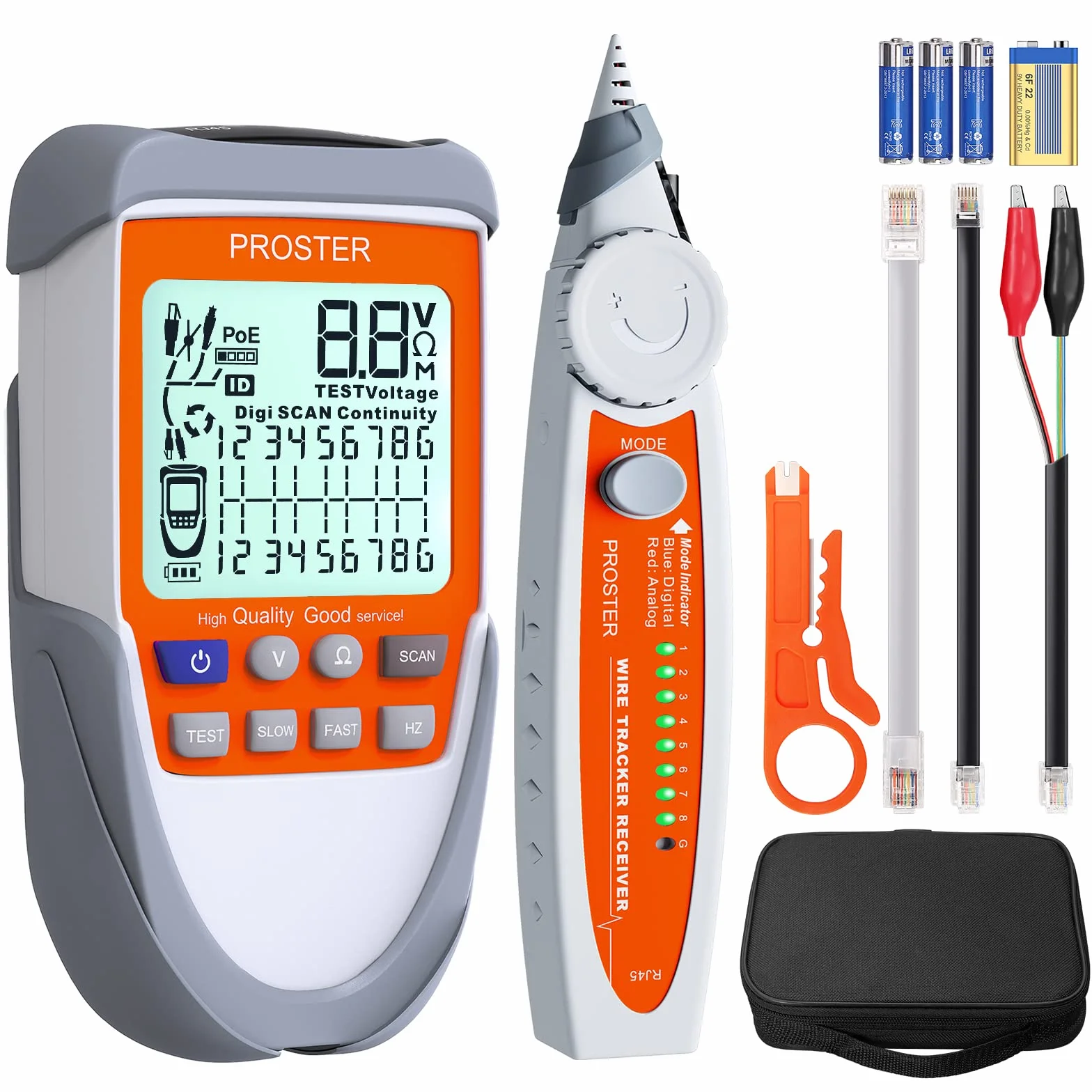 Proster Comprobador de Cables RJ45 RJ11 con Pantalla LCD Tester de Cables 2 Modos para Voltaje Continuidad Polaridad POE Localizador de Líneas Multifuncional para Ethernet Líneas Telefónicas