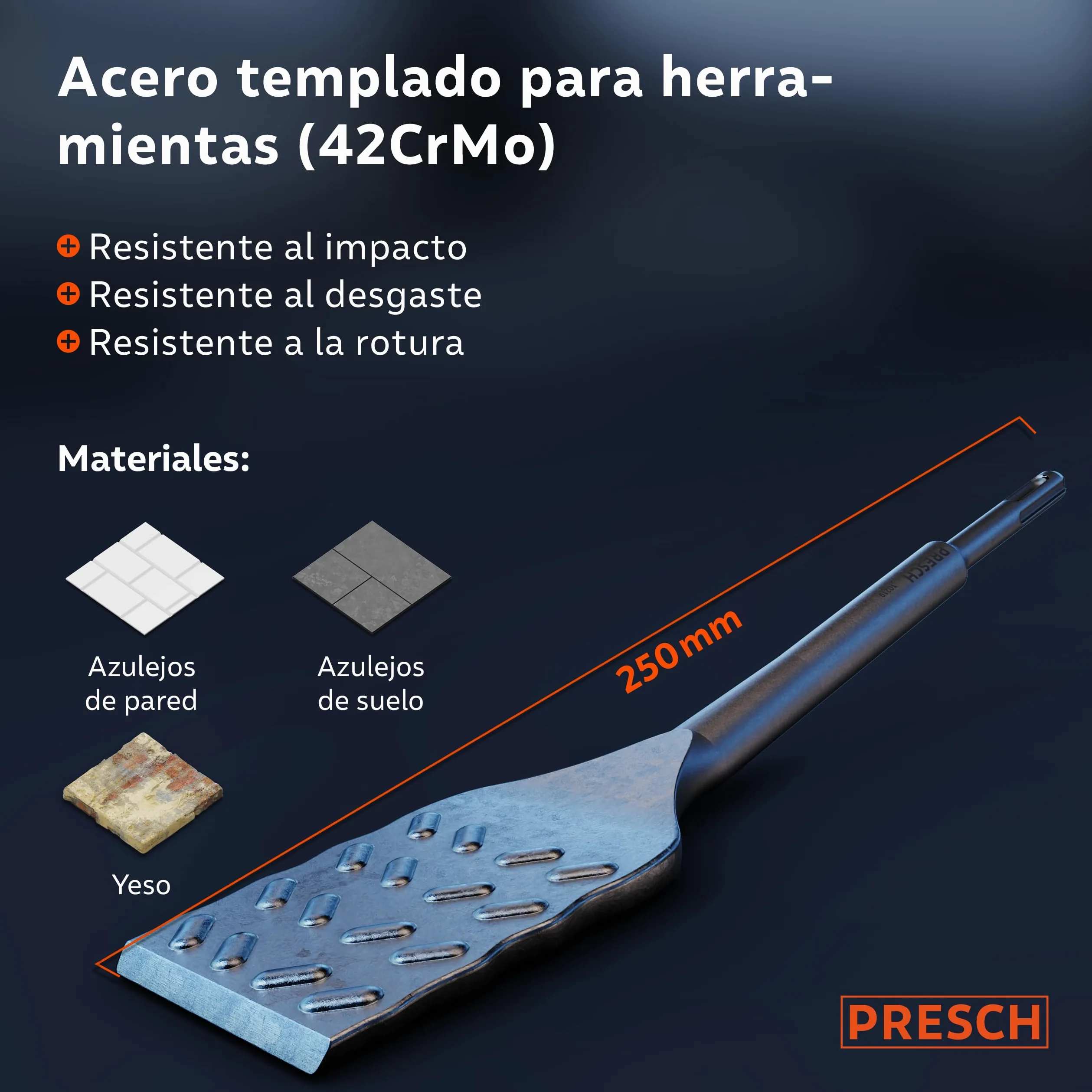 PRESCH SDS plus Cincel Azulejos - Extra largo (250mm) - Bord de corte extremadamente duradero (50mm ancho) - Acodado para facilitar la extracción de azulejos - Acero de alto rendimiento