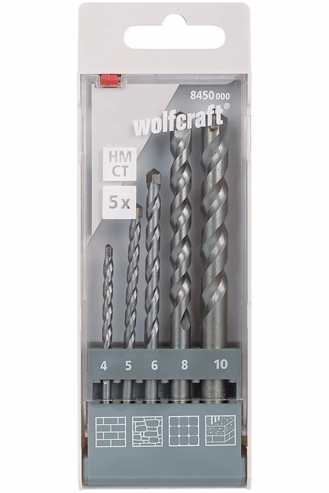 wolfcraft Juego de brocas para piedra con filo de carburo de tungsteno, Ø 4-10 mm, 5 piezas I 8450000 I Para taladrar paredes de ladrillo, piedra natural y piedra artificial