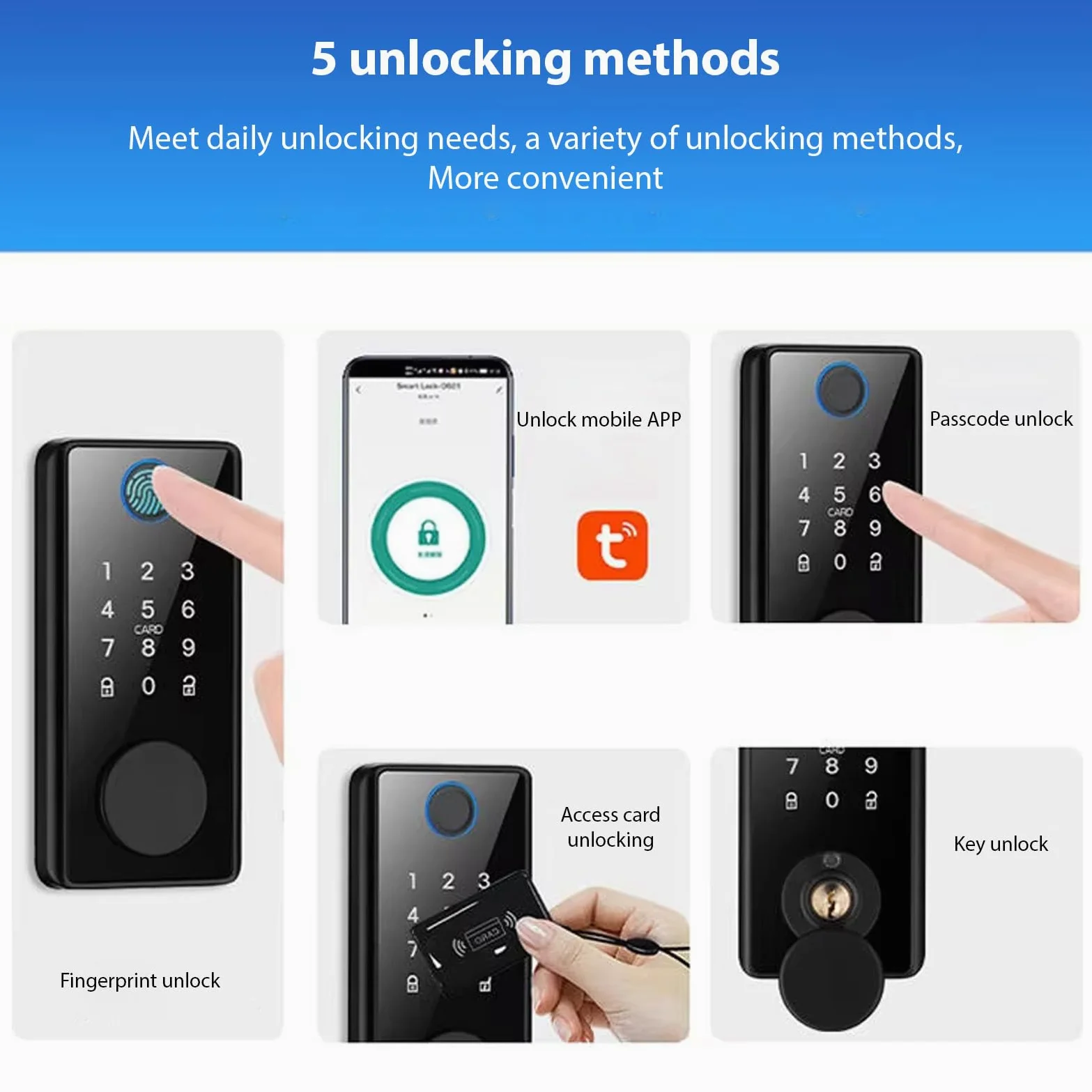 Smart Lock BT Cerradura de puerta sin llave TY APP huella dactilar tarjeta RFID 5 métodos de desbloqueo cerradura de puerta de aleación de aluminio para puertas de oficina de 35 – 60 mm de