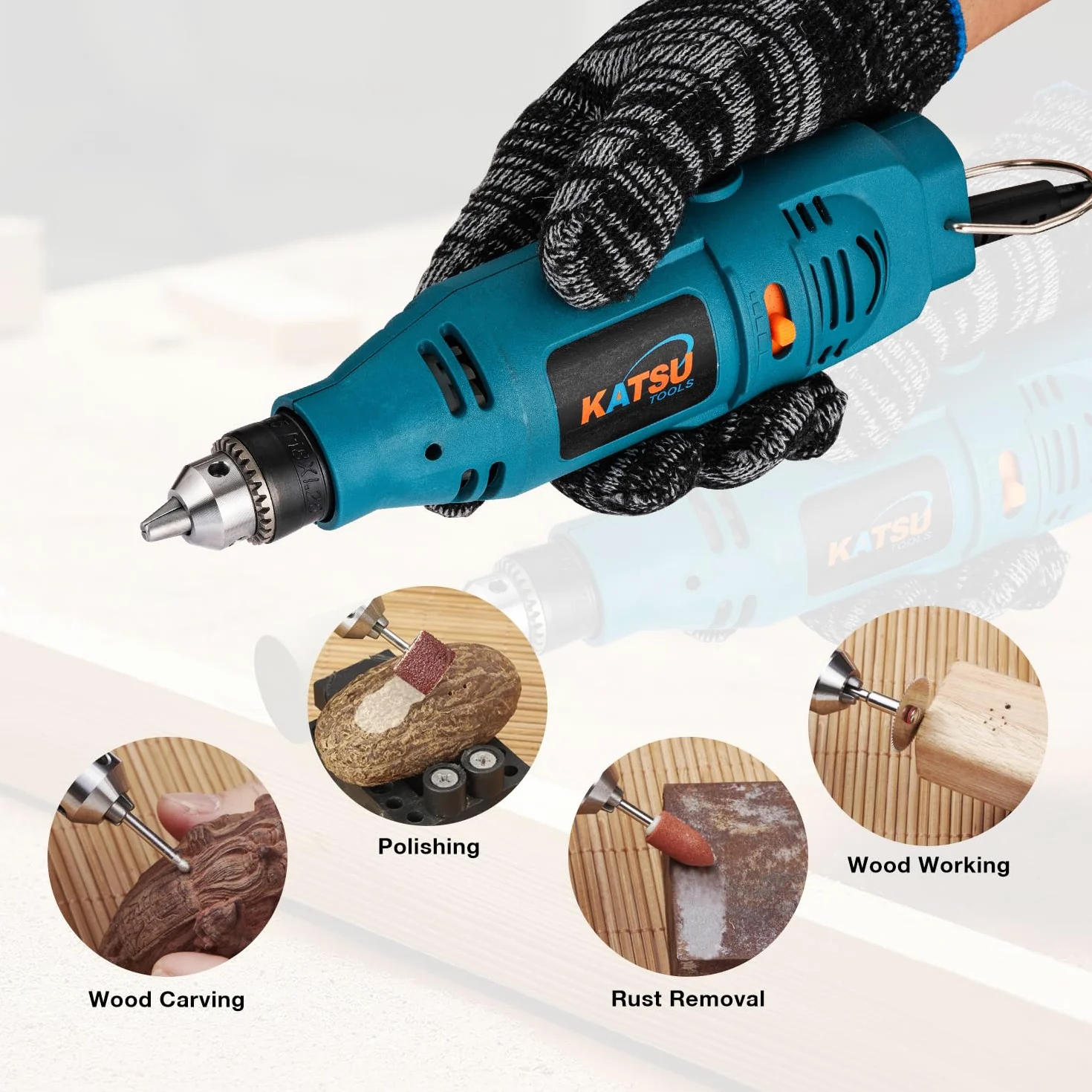 KATSU Tools Mini amoladora eléctrica de 130 W, herramienta rotativa de mano con velocidad variable y mandril de 6 mm para pulir, grabar, tallar y hacer manualidades