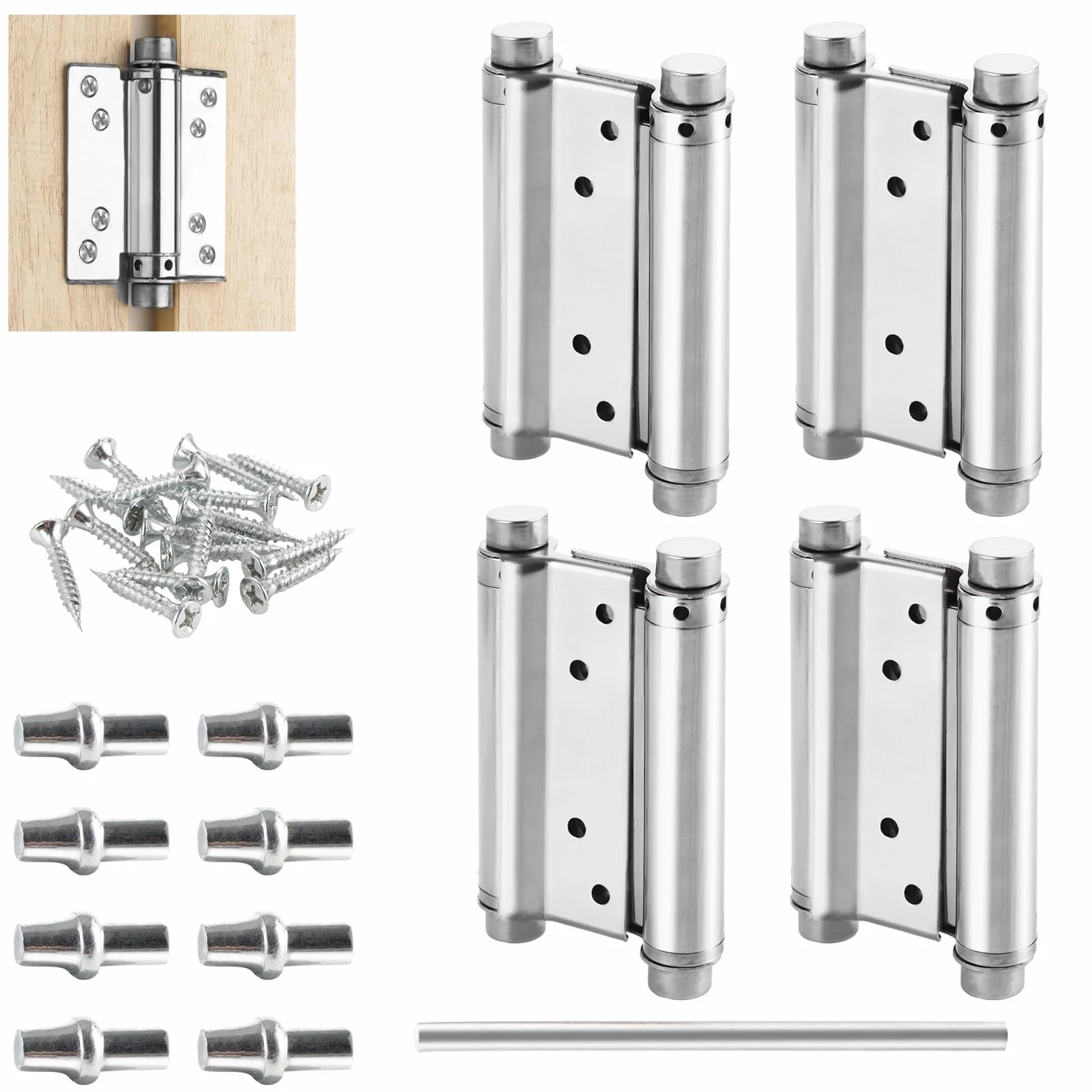 Bisagra para puerta de péndulo (4 unidades, acero inoxidable, 130 mm, cierre automático, 15 kg de capacidad de carga, bisagra de resorte para mostrador, puerta batiente y puertas de madera (4