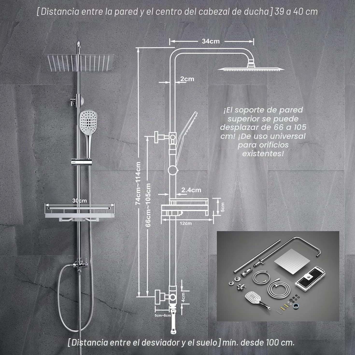 JOHO Columna de Ducha Acero INOX sin Grifo Termostático, Conjunto Ducha con Barra Altura Ajustable, Cabezal Lluvia 20x20 cm, Cromo