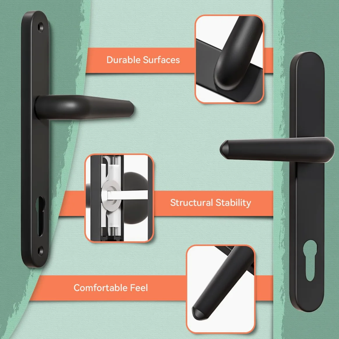 Bwintech UPVC Manija de puerta,Negro,retroceso de 92mm,centros de tornillo de 210mm,placa posterior de 243mm,sistema de resorte de adecuado para puerta de entrada,puerta de patio