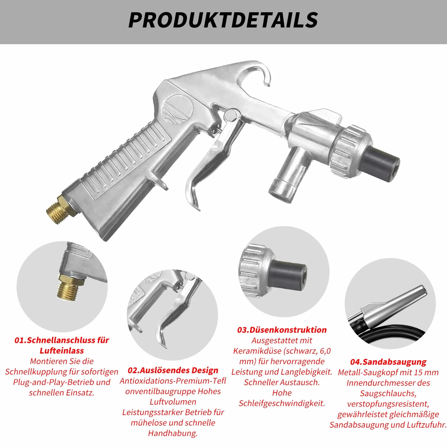 Juego de pistola de chorro de arena de aire comprimido, pistola de chorro de arena con 1M de entrada sifónica, boquillas de chorro de arena de metal de calibre 5MM-6MM, adecuadas para equipos de