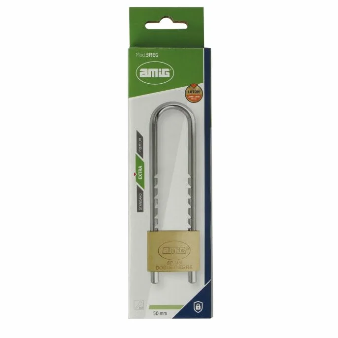 Amig Candado de Seguridad Arco Extra Largo Regulable 63-150 mm Cuerpo Latón Acero Doble Cierre 2 Llaves