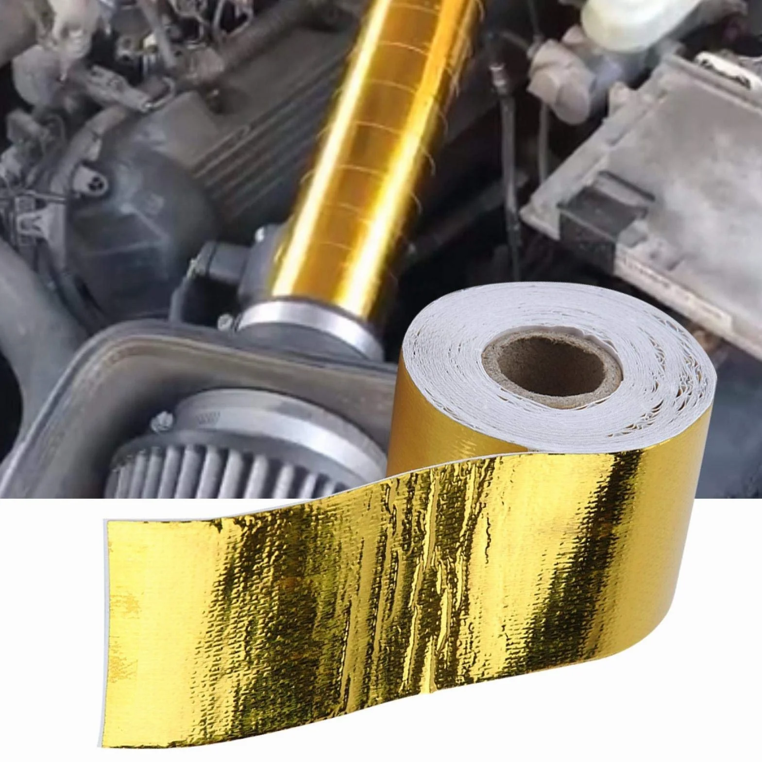 Cinta De Papel De Aluminio,Cinta Anticalorica Escape,Cinta Aislante Termica,1 Rollo Cinta Adhesiva De Protección Térmica Reflectante Adhesiva De Papel De Aluminio Dorado Para Automóvil(10m*5cm)