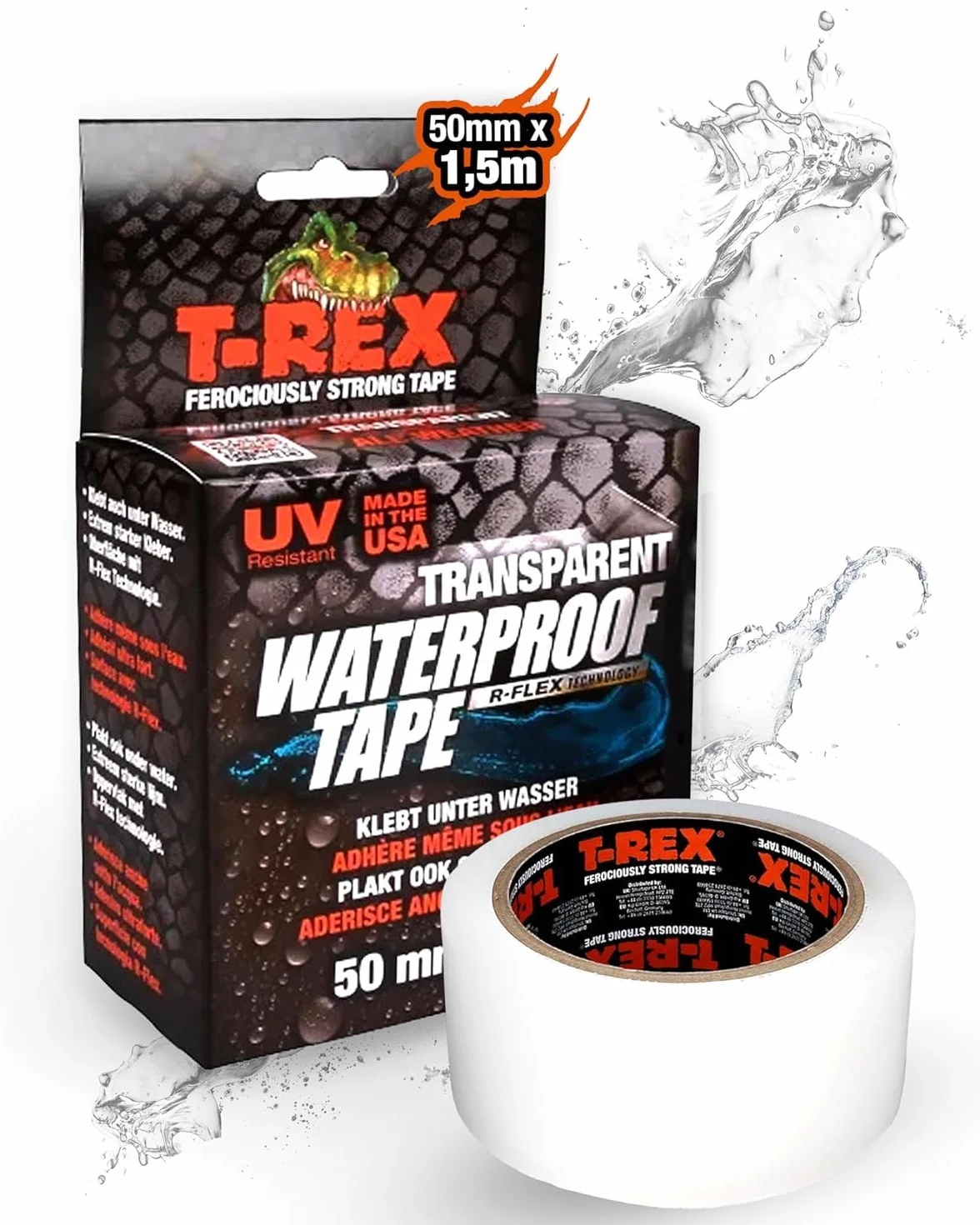 T-REX Waterproof Tape Transparent - Cinta acorazada impermeable - Cinta de sellado ideal para piscinas y exteriores - Resistente a los rayos UV y al calor - 50mm x 1,5m