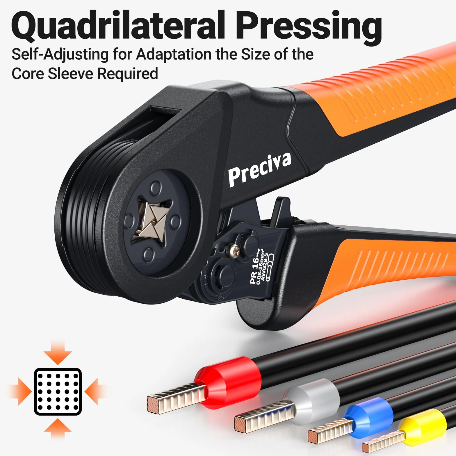 Preciva Crimpadora de 0,08 – 16 mm² (AWG28-5), alicates de terminales de extremo cuadrado, alicates de prensado para montaje de cables para uso doméstico y aplicaciones industriales.