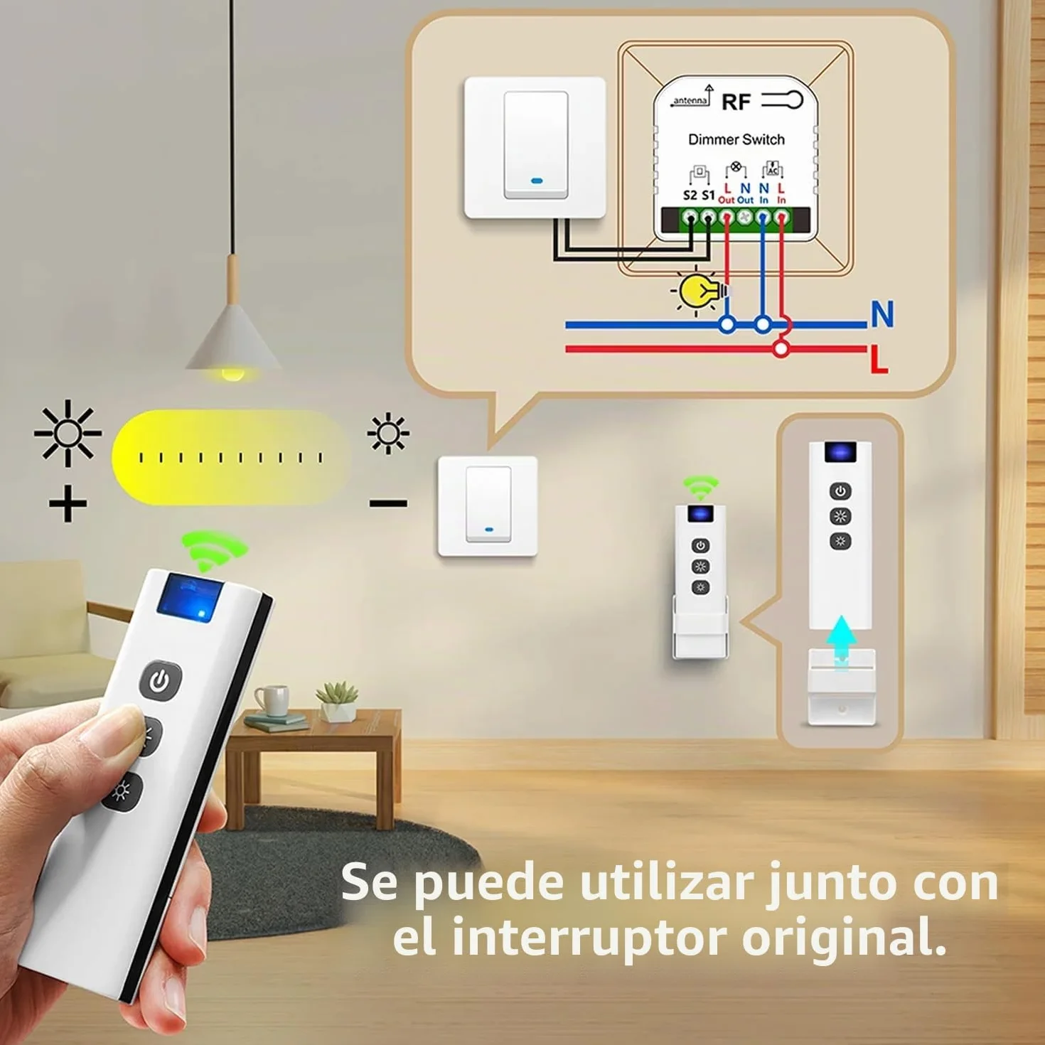 Interruptor De Luz Atenuador Inalambrico Con Controles Remotos, Tedeligo AC220V Control De Interruptor Regulable Para 10-150W LED Y Halógeno, Compatible Con Interruptores Atenuación (No necesita WIFI)