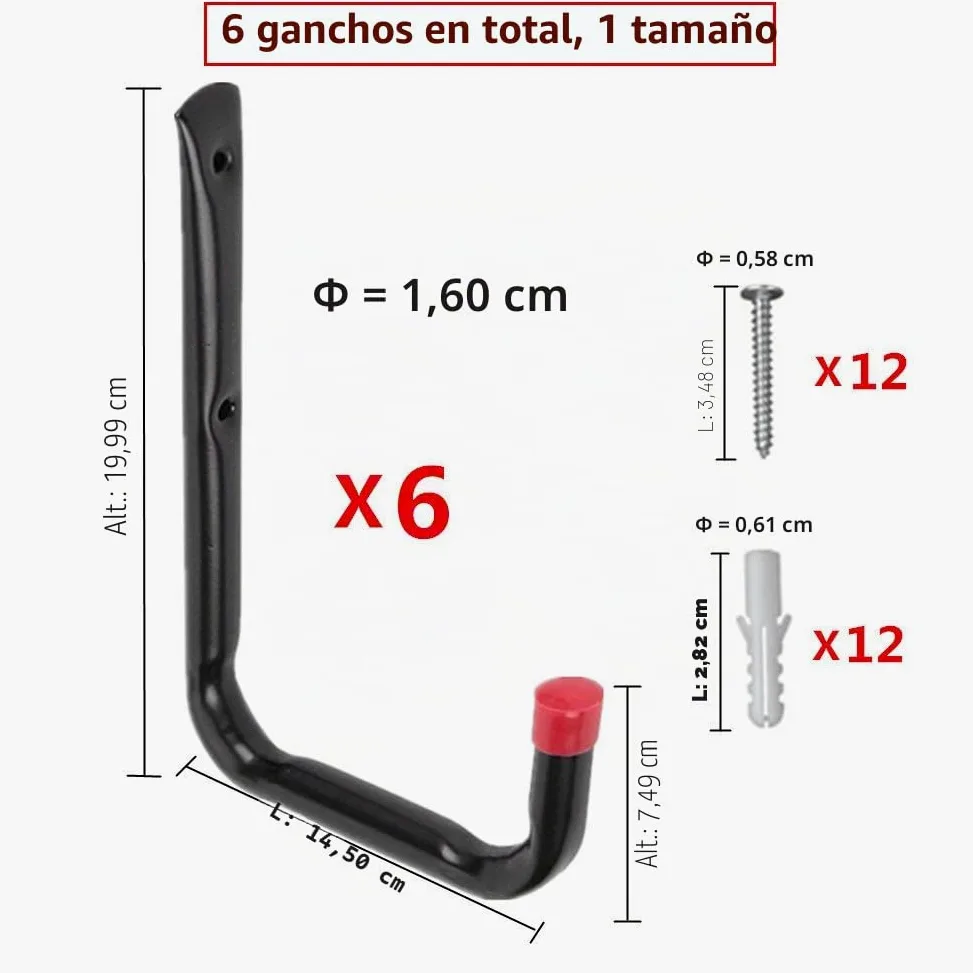 Ganchos para uso general de almacenamiento en el garaje, organizador de perchas en U para montar en la pared, silla, escaleras, manguera (6 piezas 5.7 "medio J gancho)