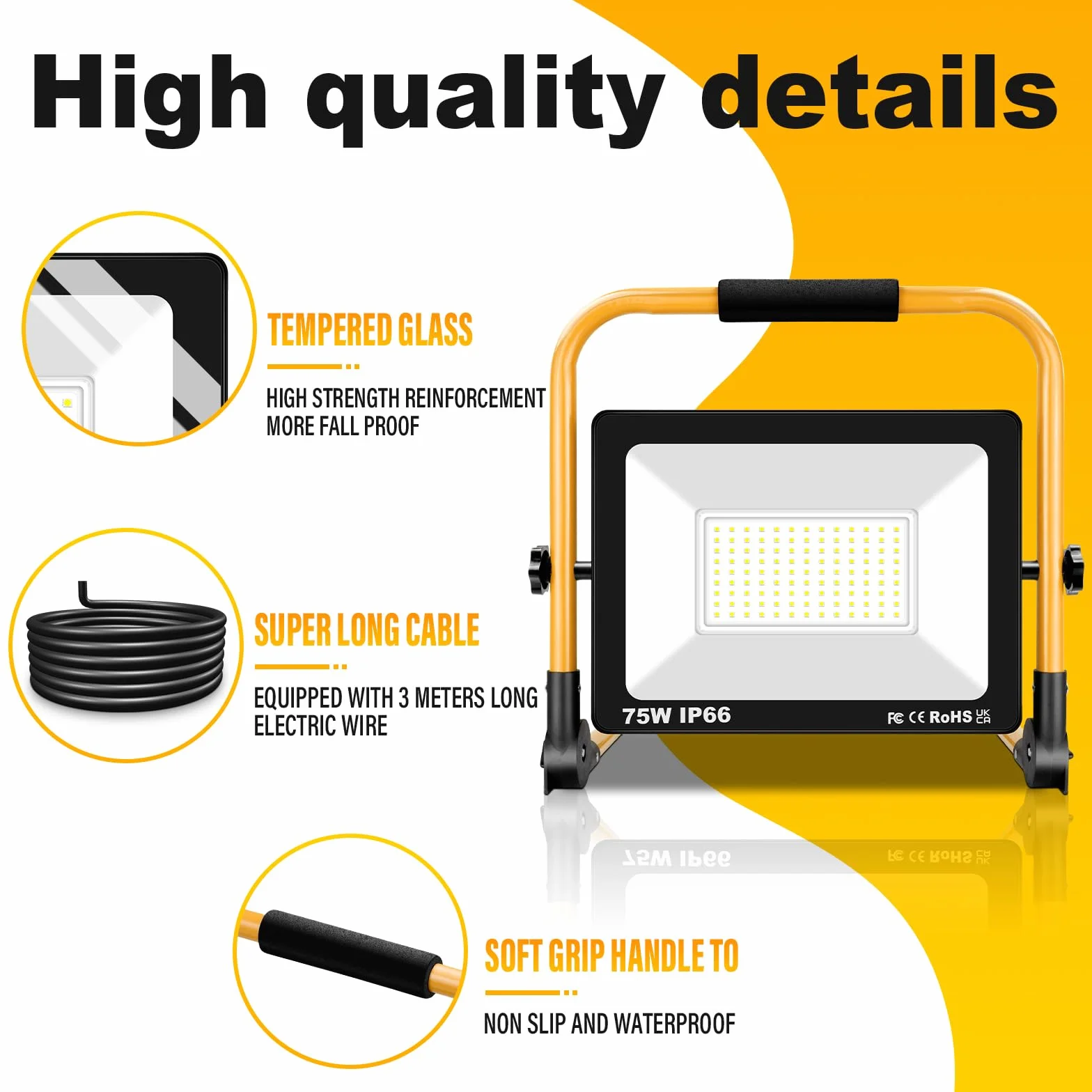 RIGIDON 75W Foco de Trabajo LED, 7500LM Foco LED Portátil con Soporte plegable, IP66 Impermeable Luz de Trabajo para Interiores y Exteriores para Obra Taller Garaje, 6000K Blanca