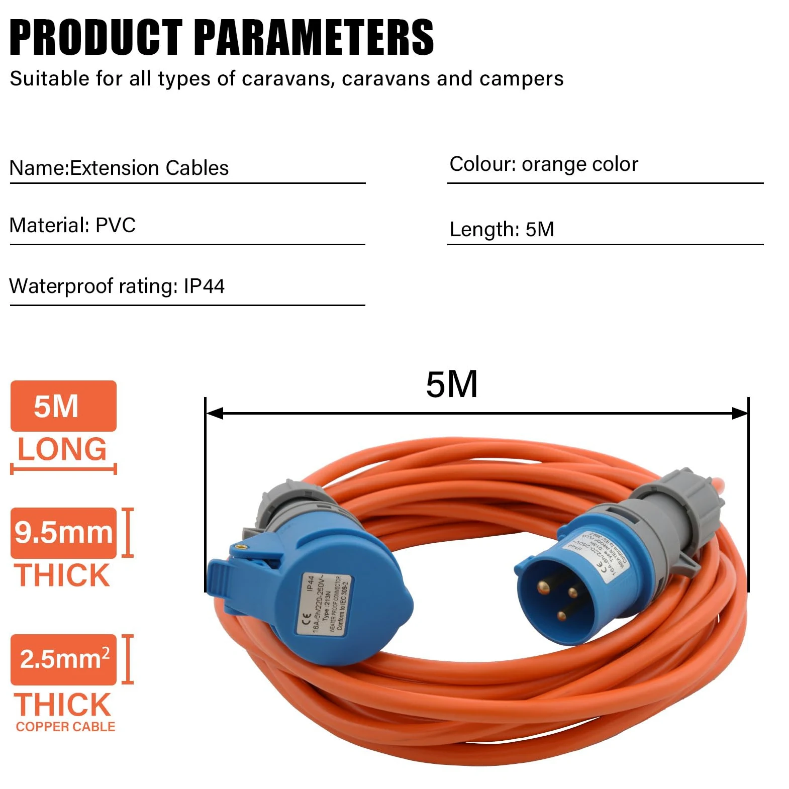 5m Cable Adaptador para Camping, Cable de extensión Industrial CEE 240V 3G2,5mm² en Color Naranja de señalización | IP44 Apto para Exteriores, Conector CEE 16A con para Camping & caravanas